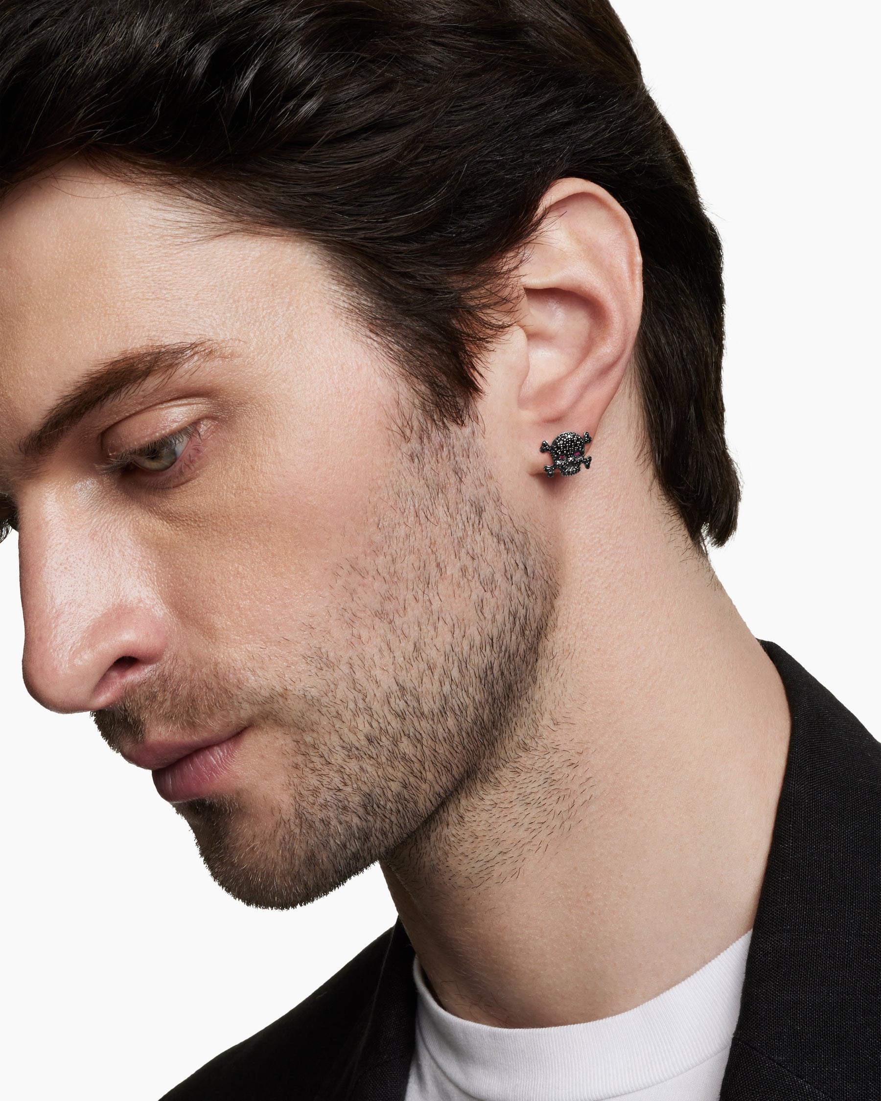 Alternative view of Pavé Skull Stud Earring in Sterling Silver with Black Diamonds and Rubies, 13.5mm