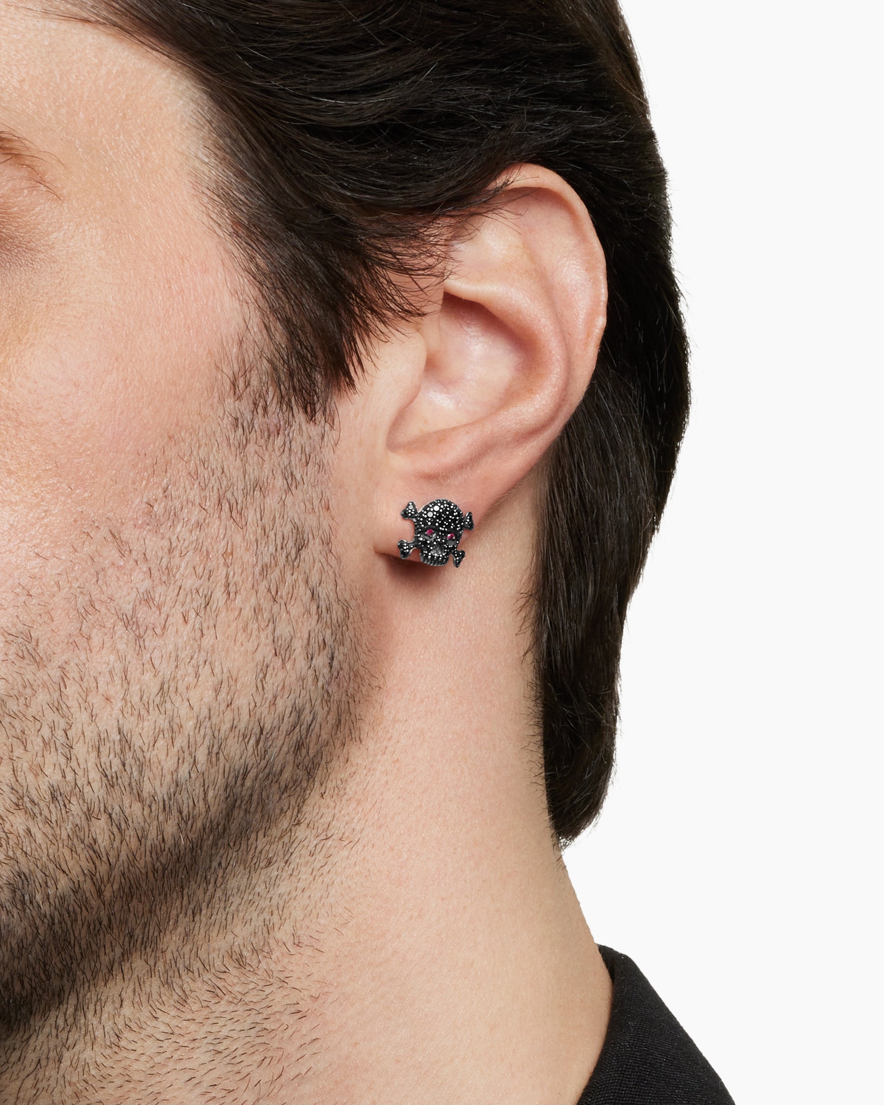 Pavé Skull Stud Earring in Sterling Silver with Black Diamonds and Rubies, 13.5mm - Image 5