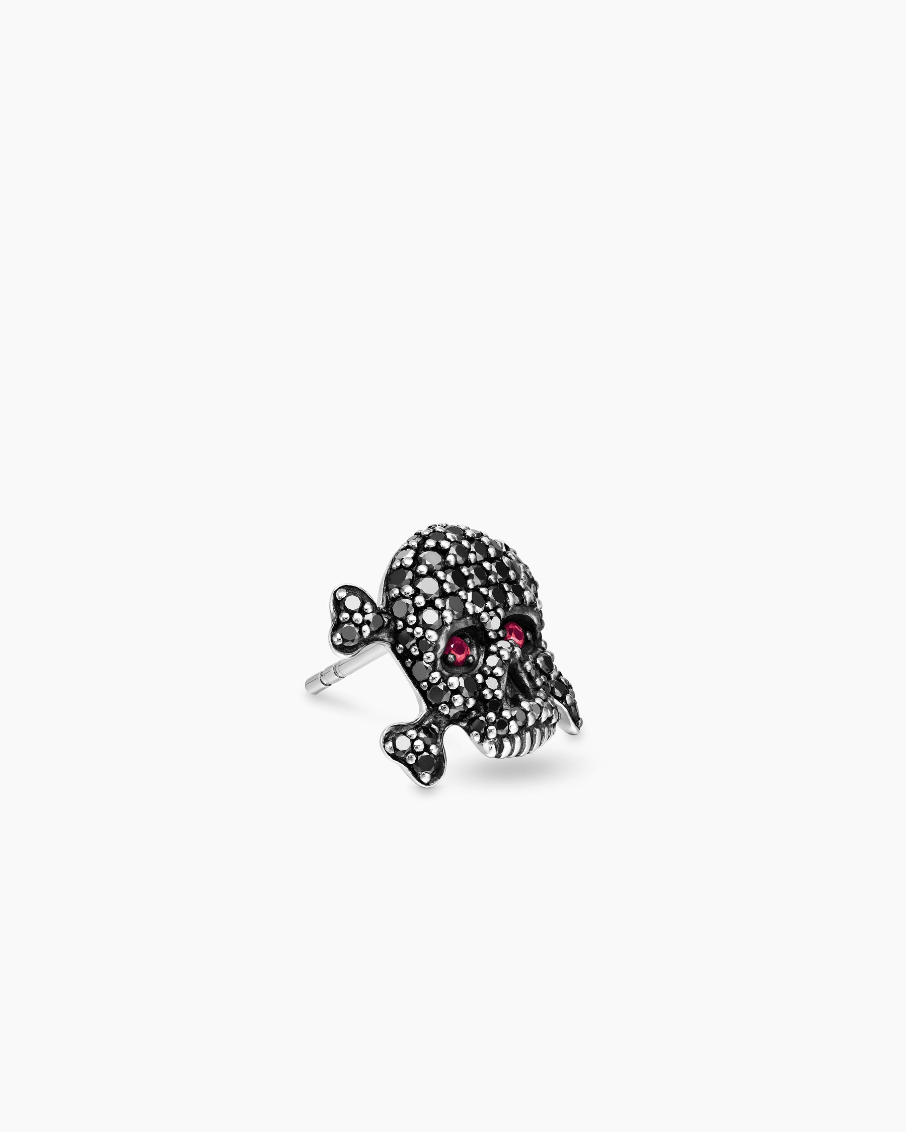 Pavé Skull Stud Earring in Sterling Silver with Black Diamonds and Rubies, 13.5mm