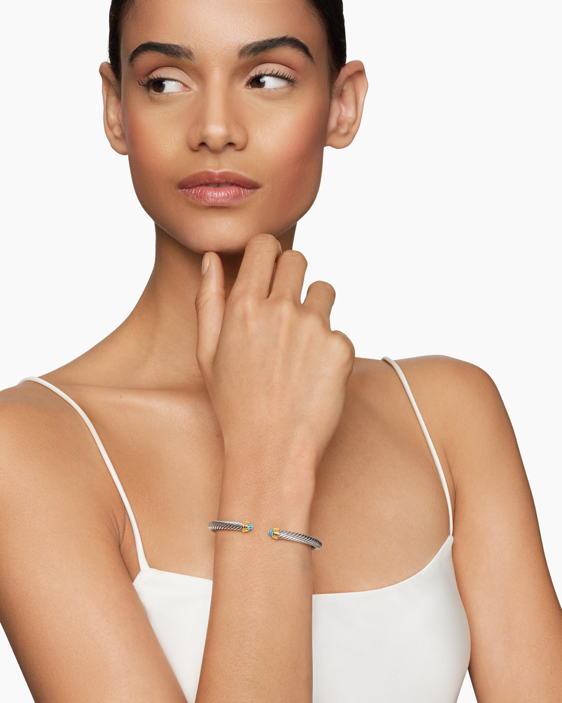 Alternative view of Classic Cable Bracelet in Sterling Silver with 14K Yellow Gold and Blue Topaz, 5mm