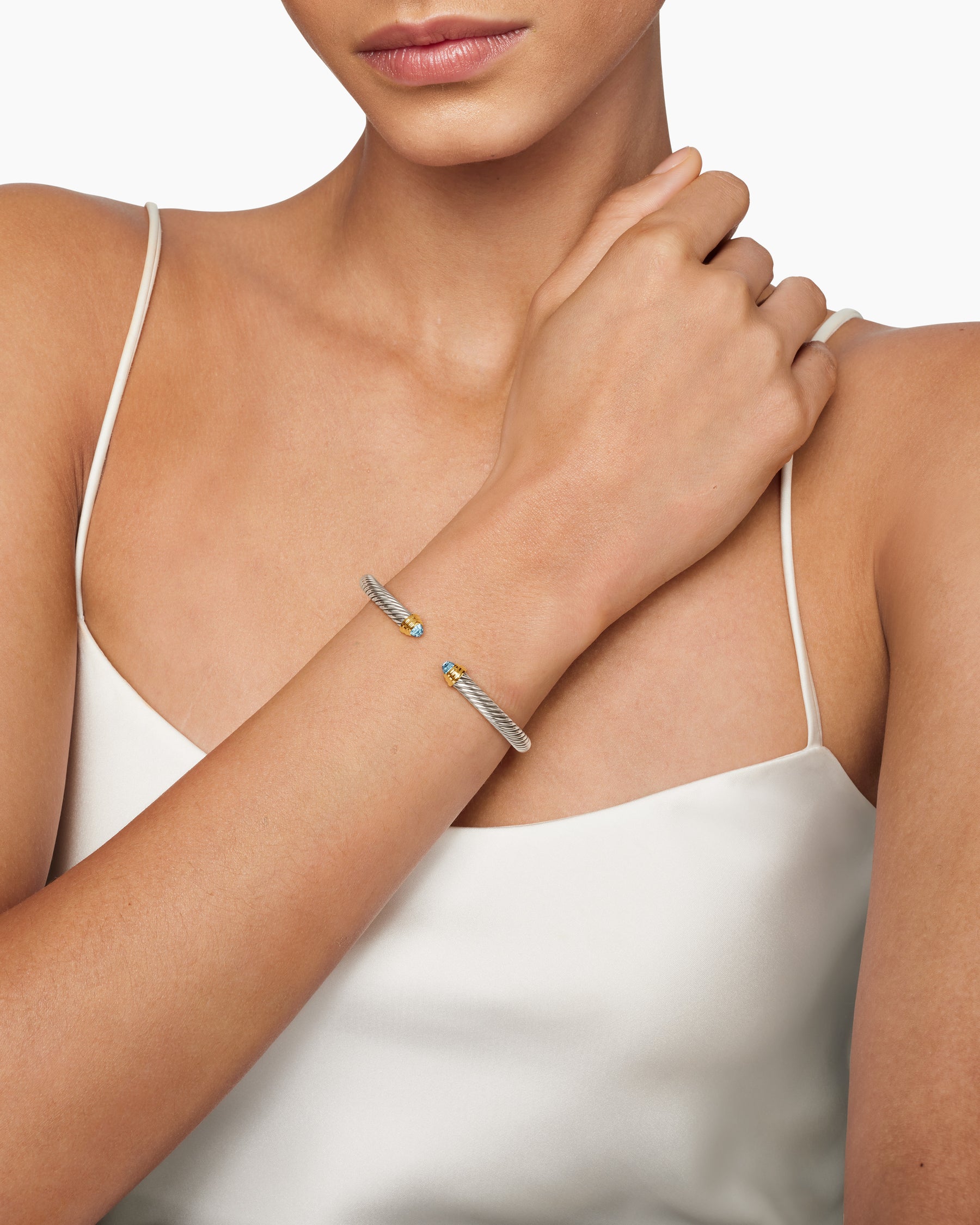 Classic Cable Bracelet in Sterling Silver with 14K Yellow Gold and Blue Topaz, 5mm - Image 7
