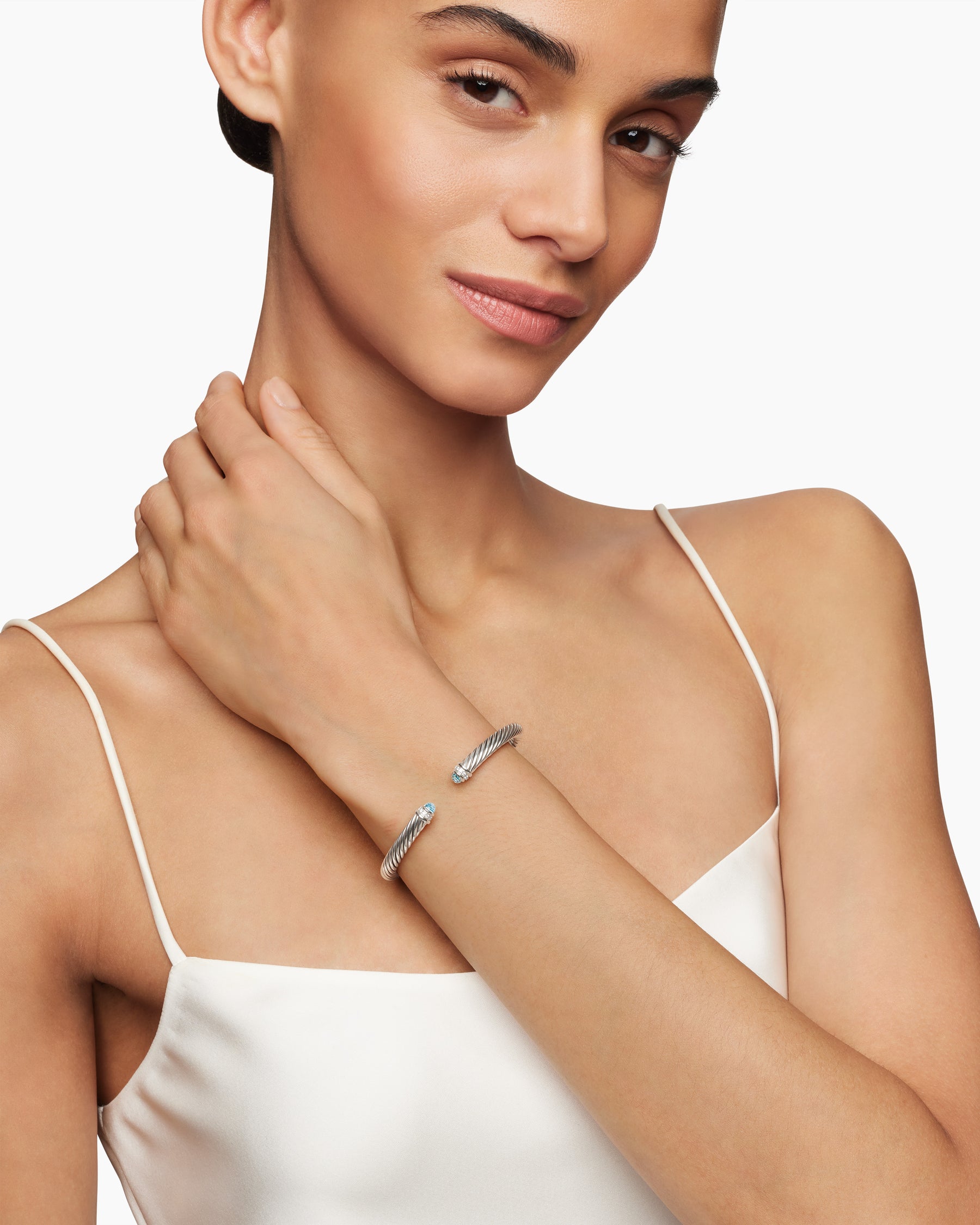 Alternative view of Classic Cable Bracelet in Sterling Silver with Blue Topaz and Diamonds, 5mm