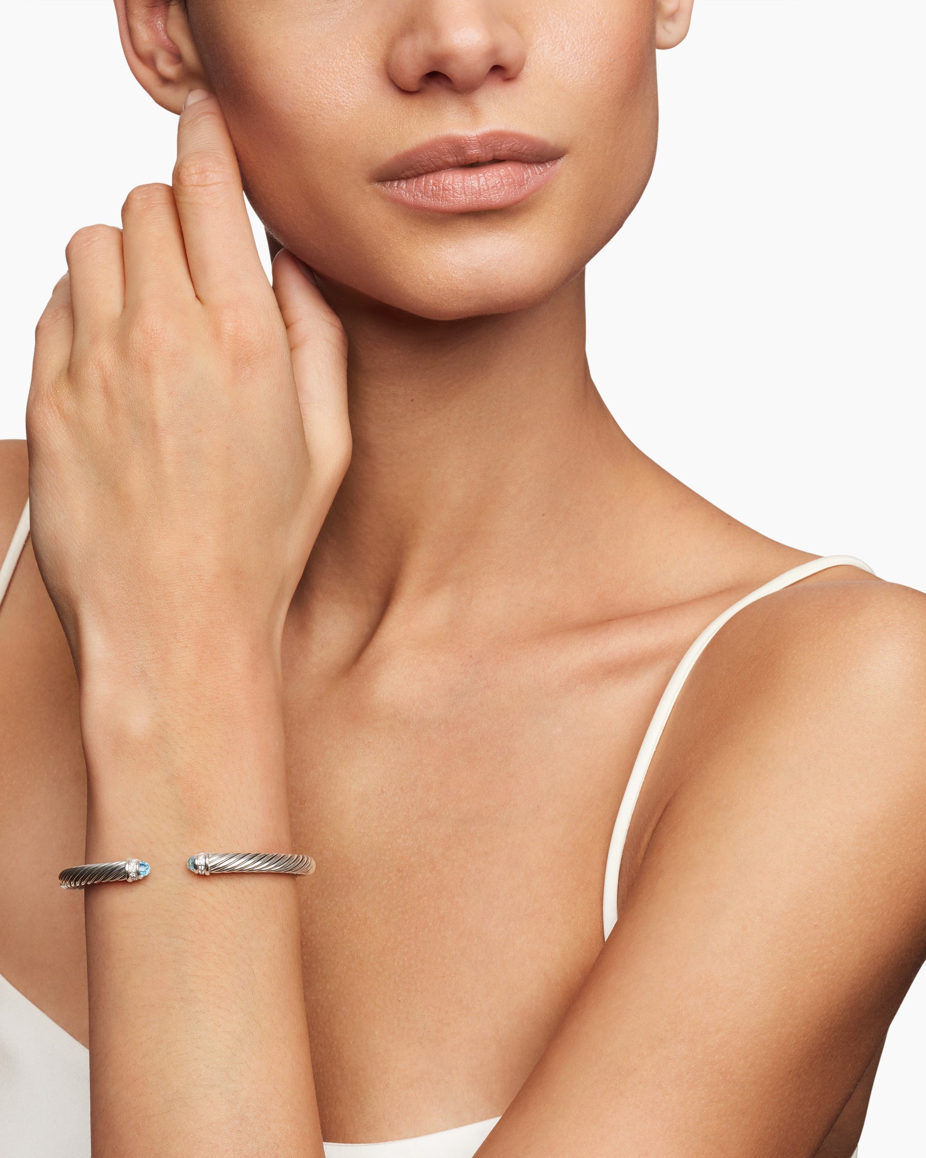 Classic Cable Bracelet in Sterling Silver with Blue Topaz and Diamonds, 5mm - Image 7