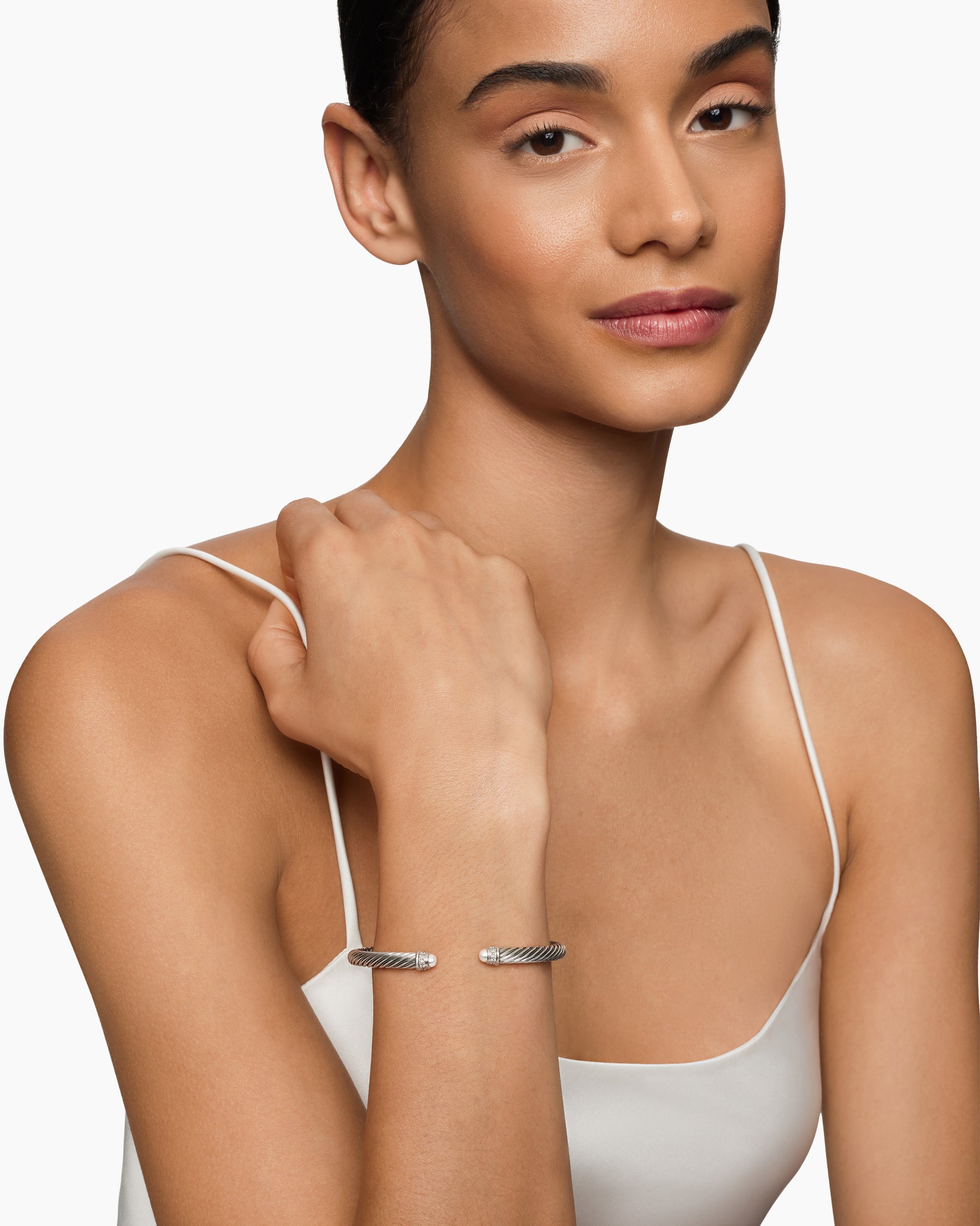 Alternative view of Classic Cable Bracelet in Sterling Silver with Pearls and Diamonds, 5mm