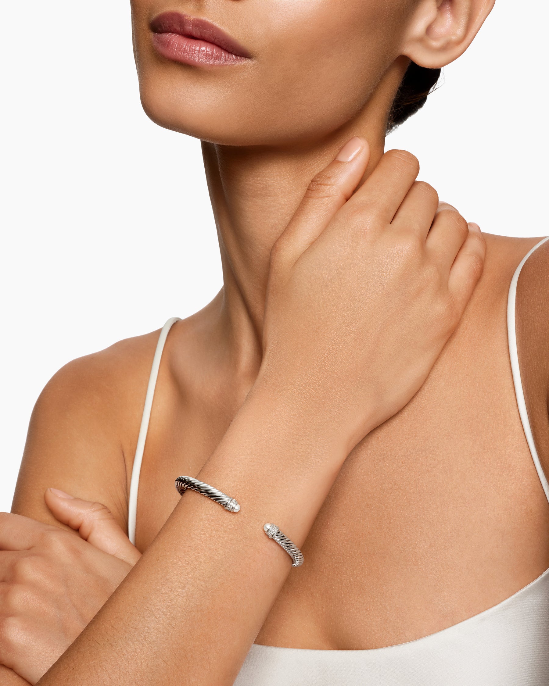 Classic Cable Bracelet in Sterling Silver with Pearls and Diamonds, 5mm - Image 7