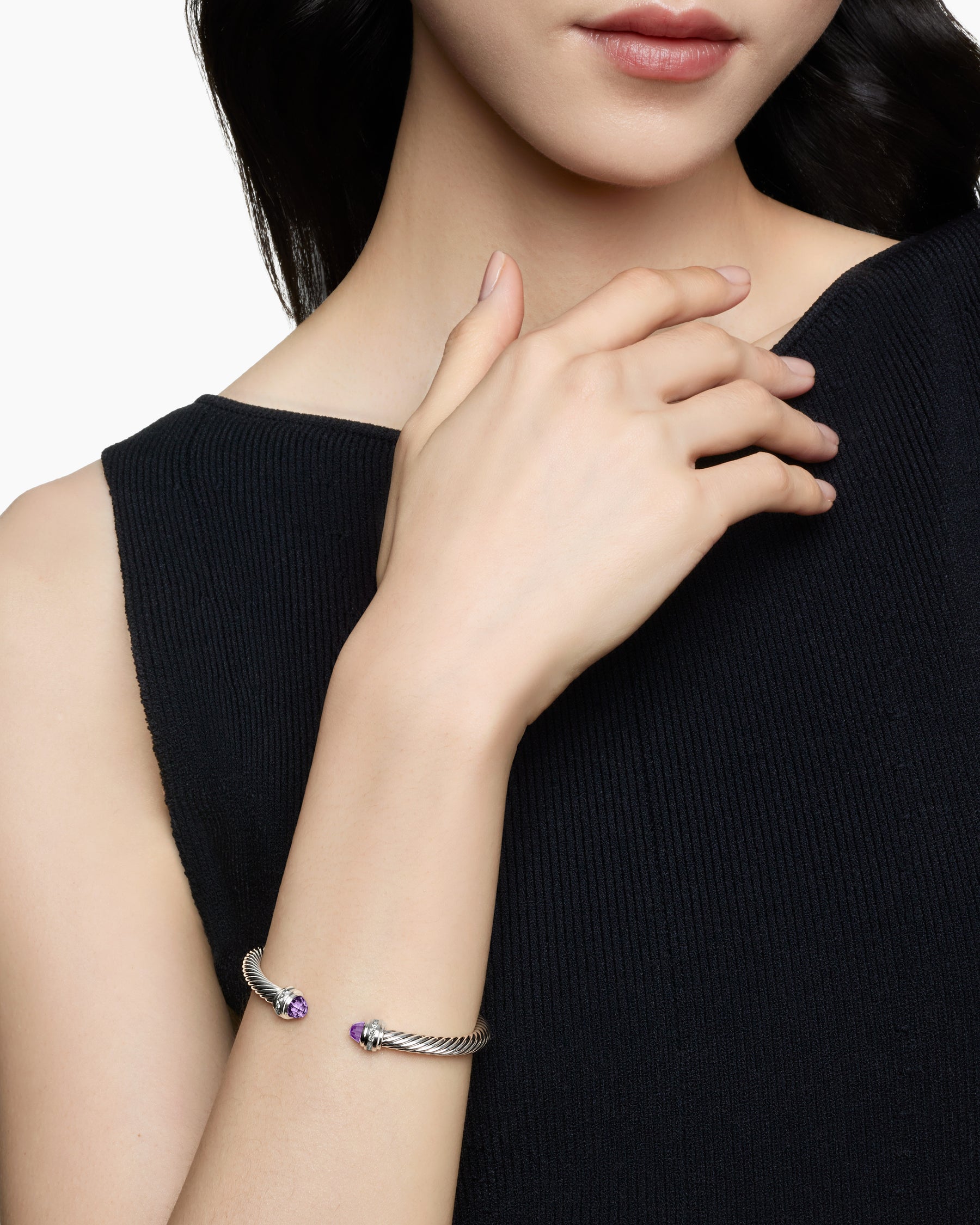 Classic Cable Bracelet in Sterling Silver with Amethyst and Diamonds, 5mm - Image 7