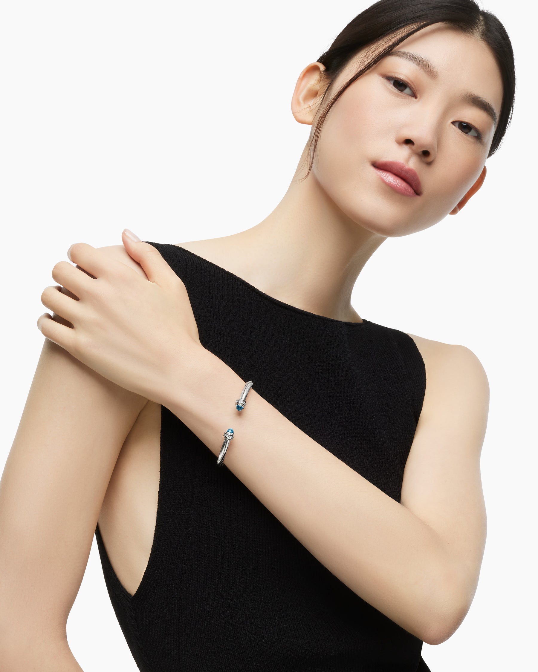 Classic Cable Bracelet in Sterling Silver with Blue Topaz and Diamonds, 5mm - Image 2