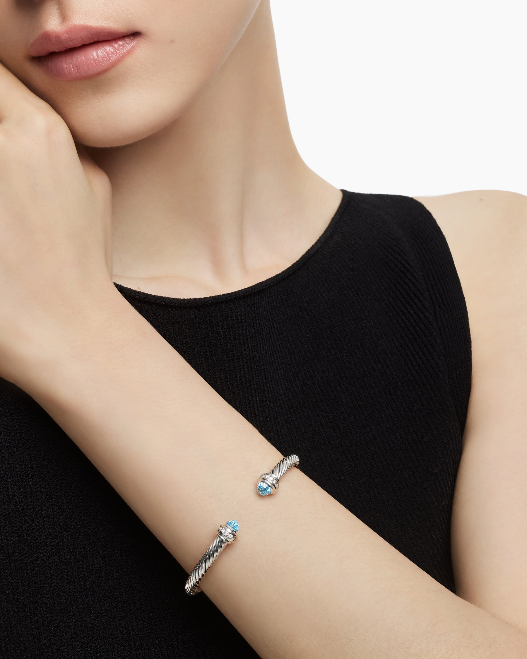 Classic Cable Bracelet in Sterling Silver with Blue Topaz and Diamonds, 5mm - Image 7