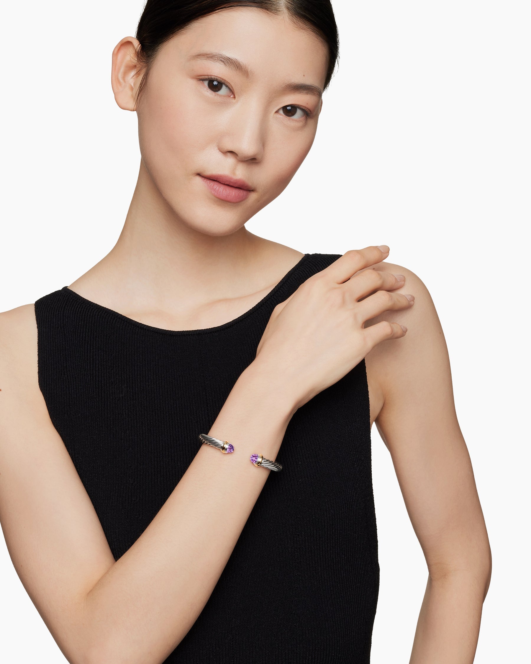 Alternative view of Classic Cable Bracelet in Sterling Silver with 14K Yellow Gold and Amethyst, 7mm