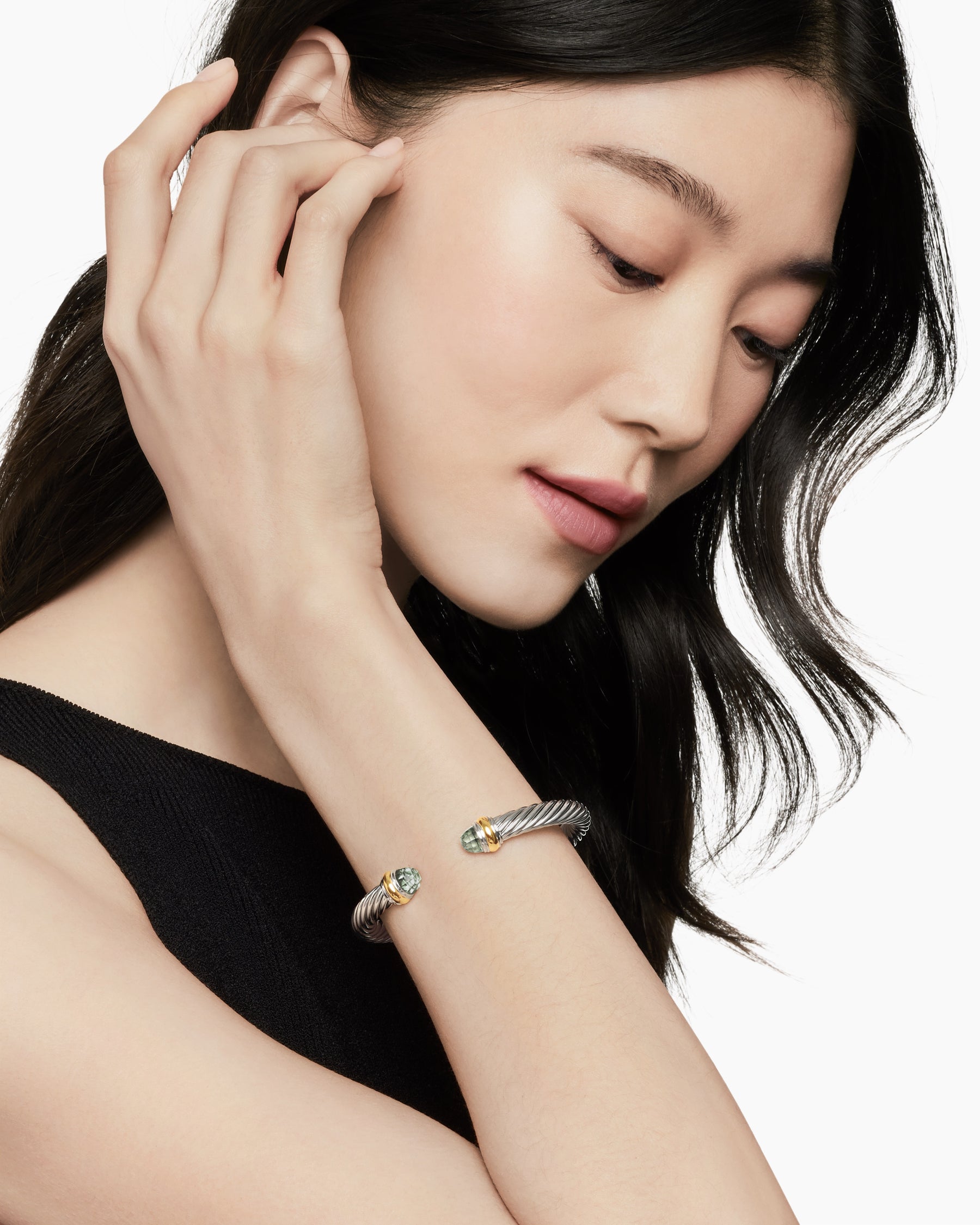 Alternative view of Classic Cable Bracelet in Sterling Silver with 14K Yellow Gold and Prasiolite, 7mm