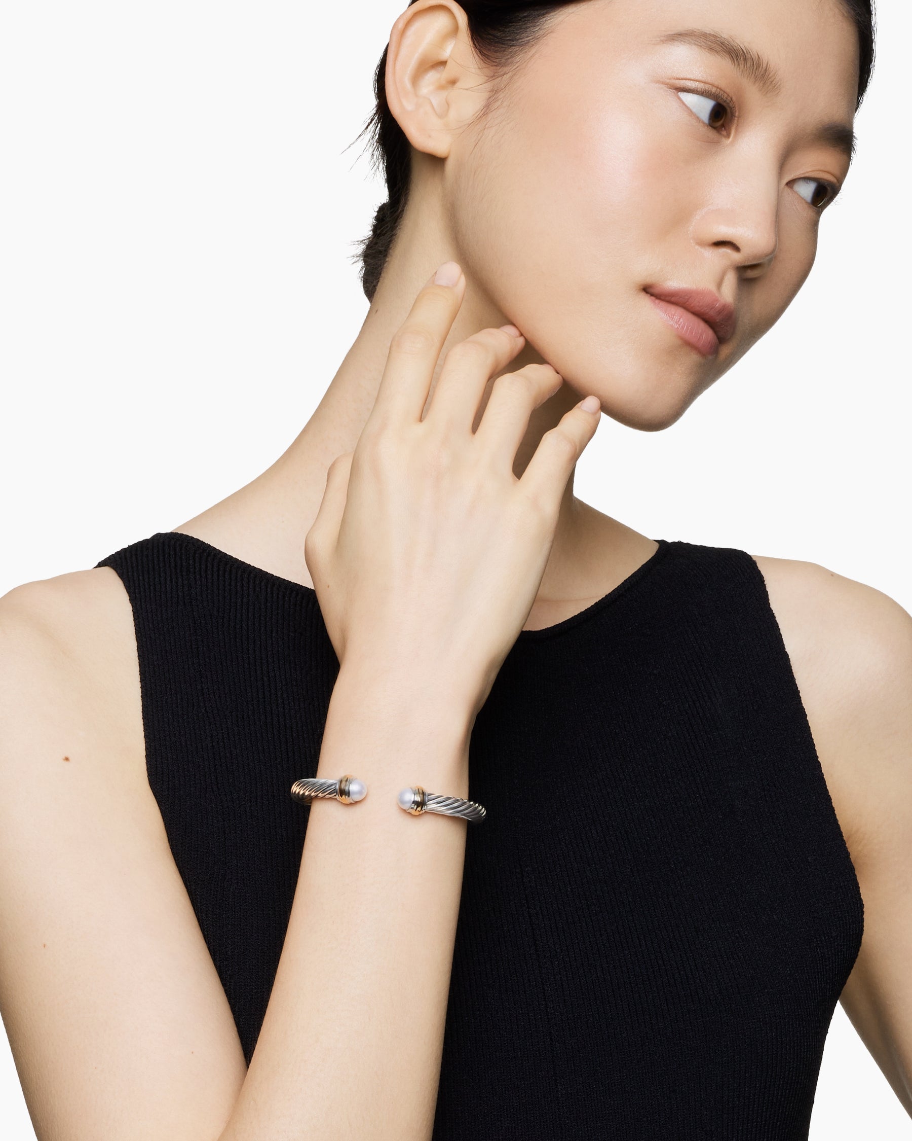 Alternative view of Classic Cable Bracelet in Sterling Silver with 14K Yellow Gold and Pearls, 7mm