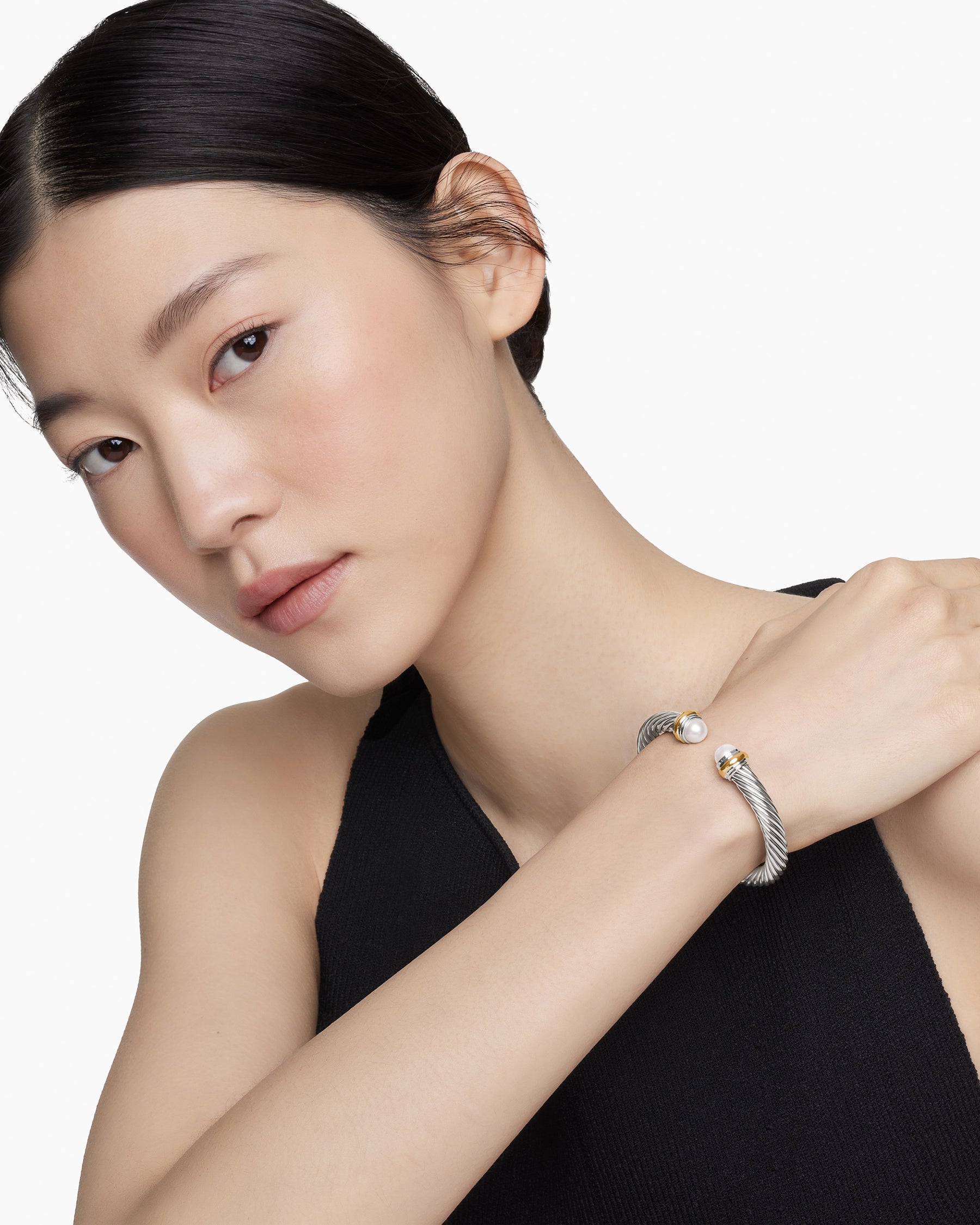 Classic Cable Bracelet in Sterling Silver with 14K Yellow Gold and Pearls, 7mm - Image 7