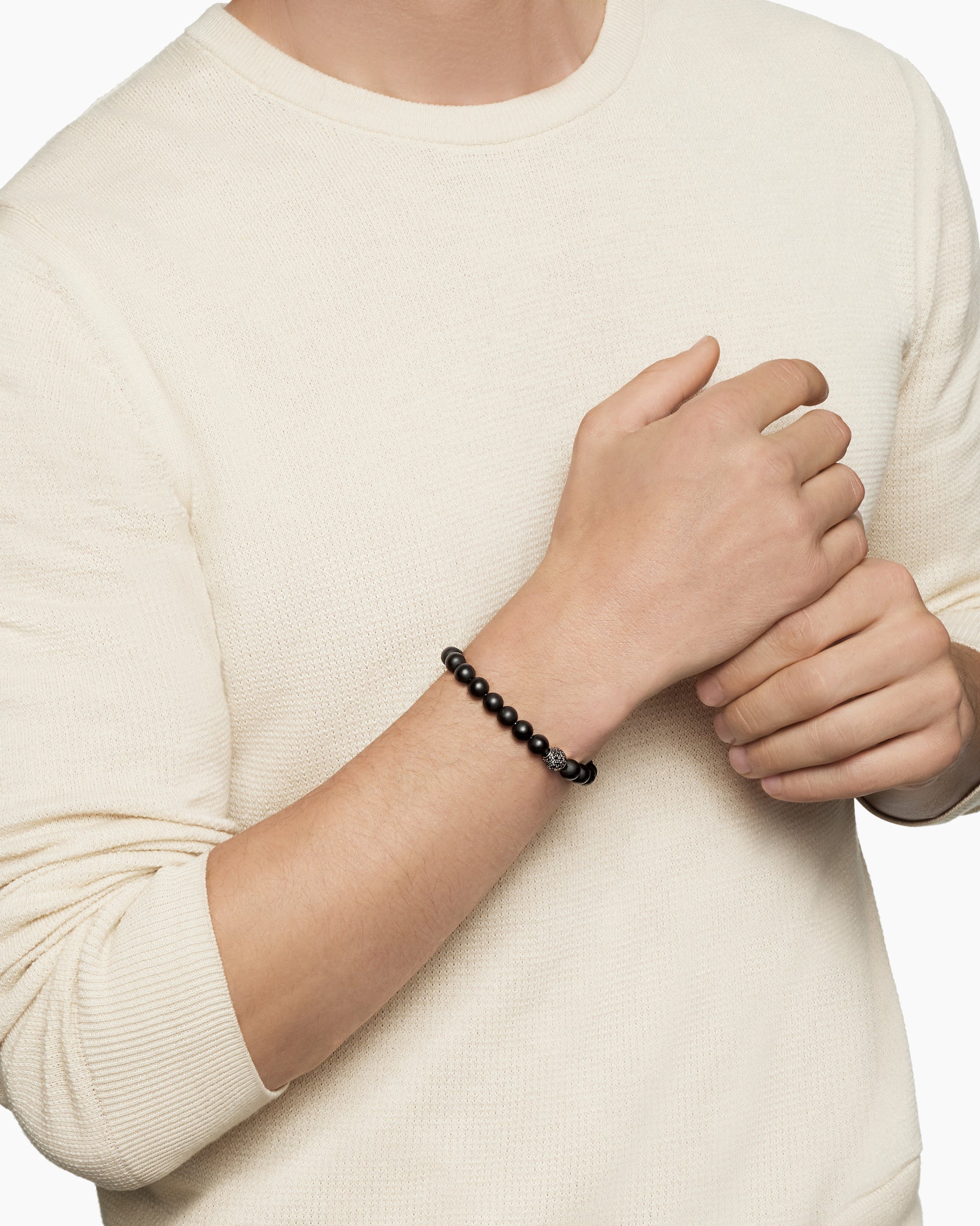 Spiritual Beads Bracelet in Sterling Silver with Black Onyx and Pavé Black Diamond Station, 8mm - Image 2