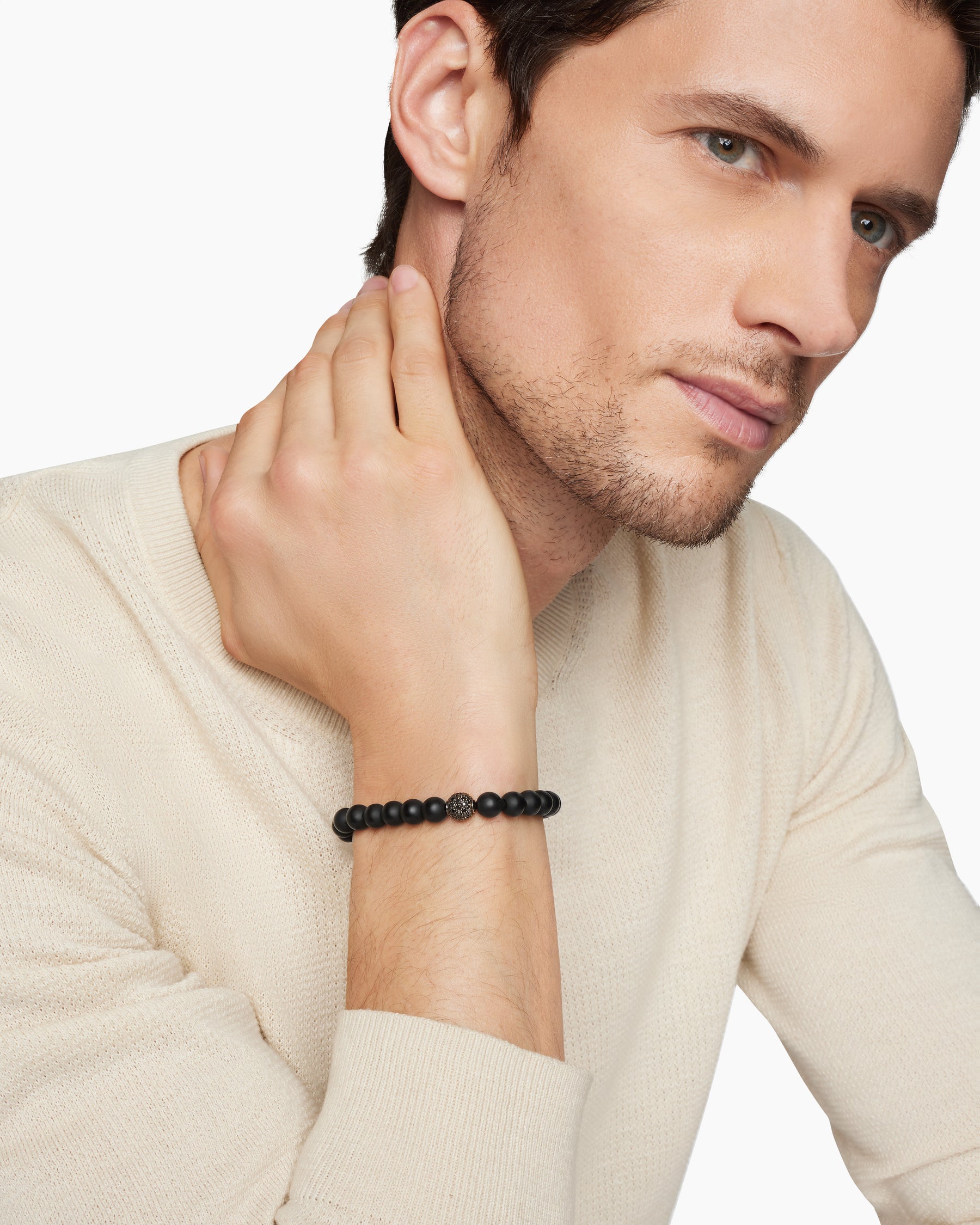 Spiritual Beads Bracelet in Sterling Silver with Black Onyx and Pavé Black Diamond Station, 8mm - Image 7