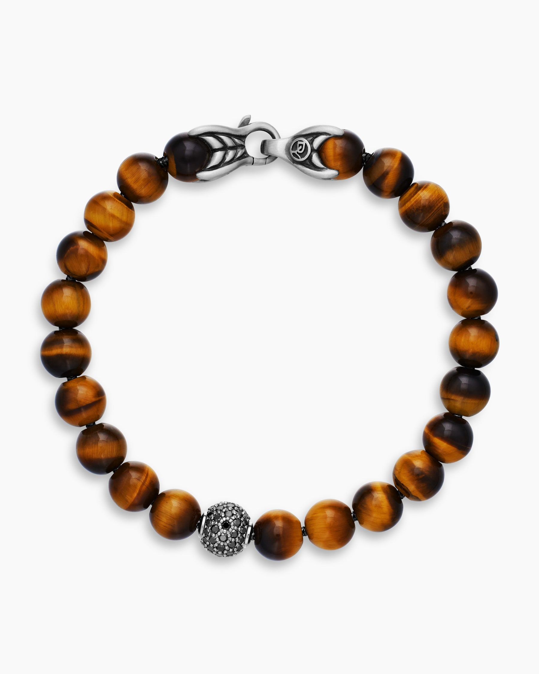 Spiritual Beads Bracelet in Sterling Silver with Tiger's Eye and Pavé Black Diamond Station, 8mm - Image 3