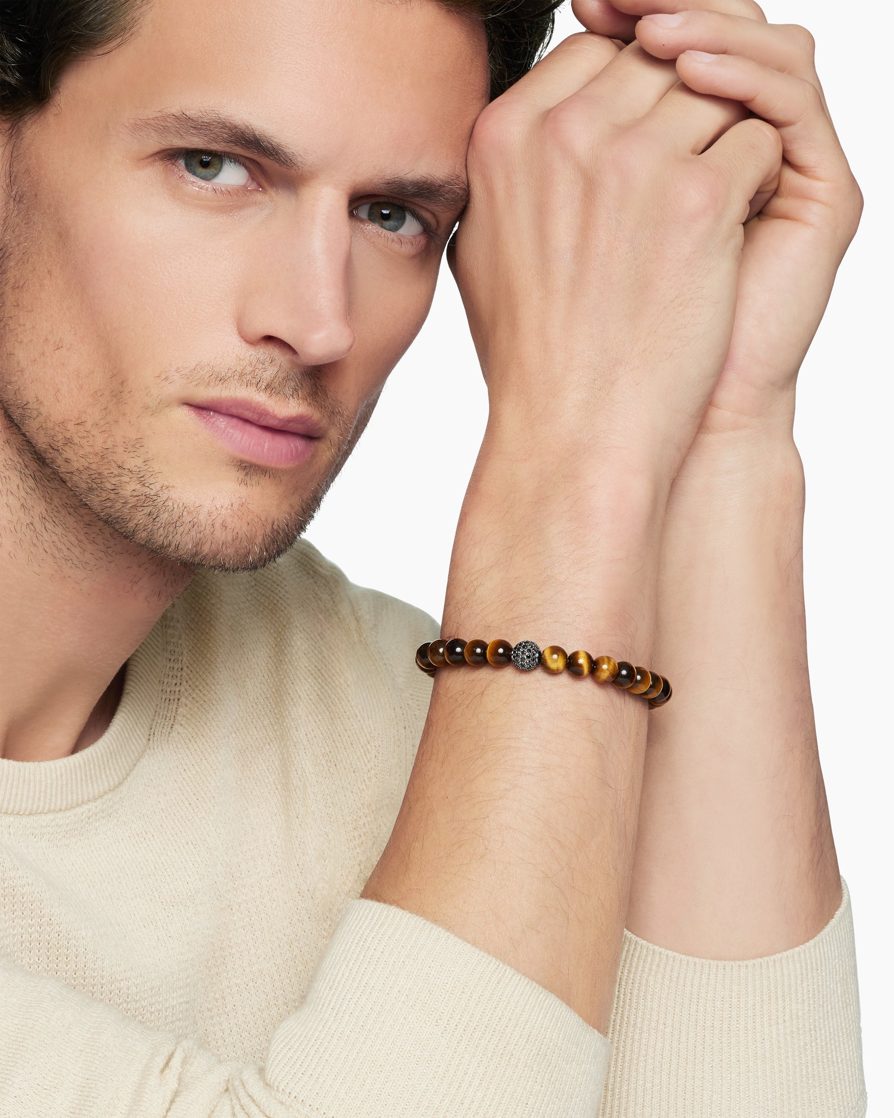 Alternative view of Spiritual Beads Bracelet in Sterling Silver with Tiger's Eye and Pavé Black Diamond Station, 8mm