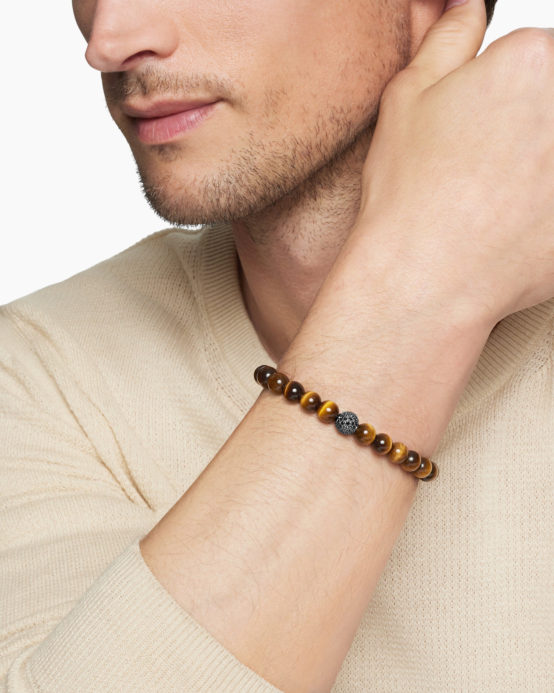Spiritual Beads Bracelet in Sterling Silver with Tiger's Eye and Pavé Black Diamond Station, 8mm - Image 8