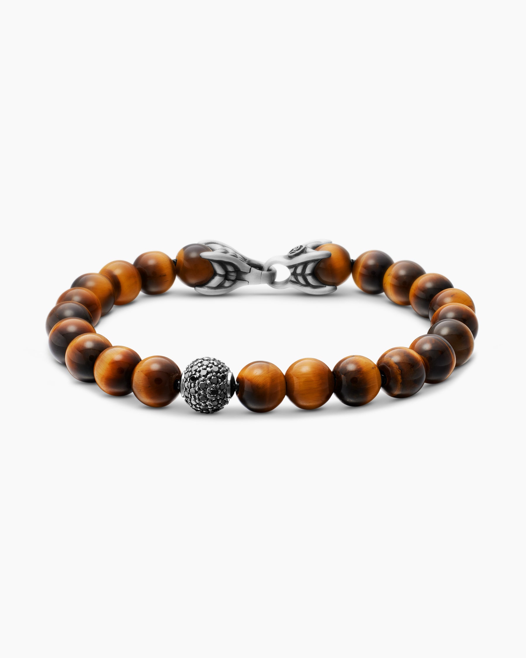 Spiritual Beads Bracelet in Sterling Silver with Tiger's Eye and Pavé Black Diamond Station, 8mm
