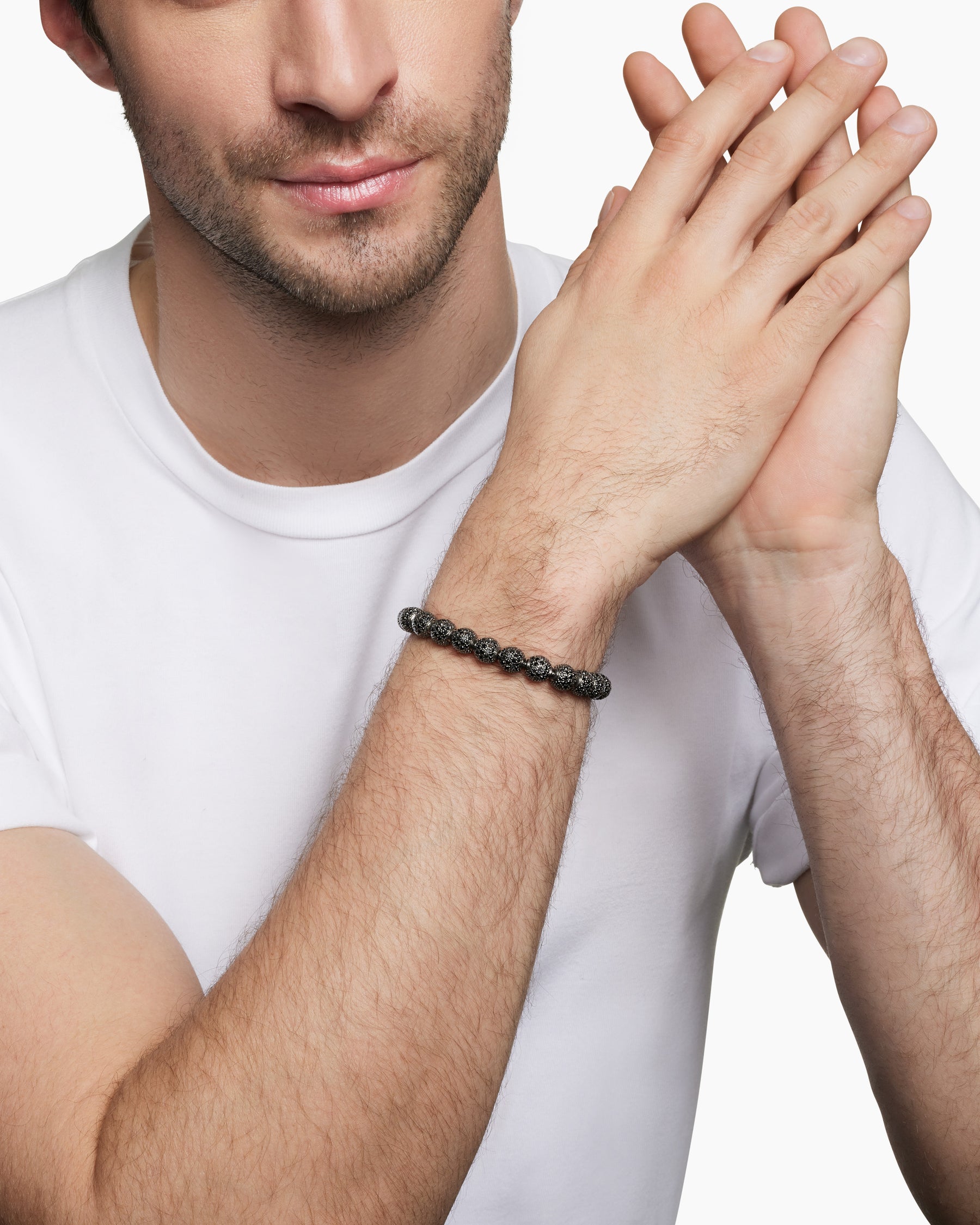 Alternative view of Spiritual Beads Bracelet in Sterling Silver with Pavé Black Diamonds, 8mm