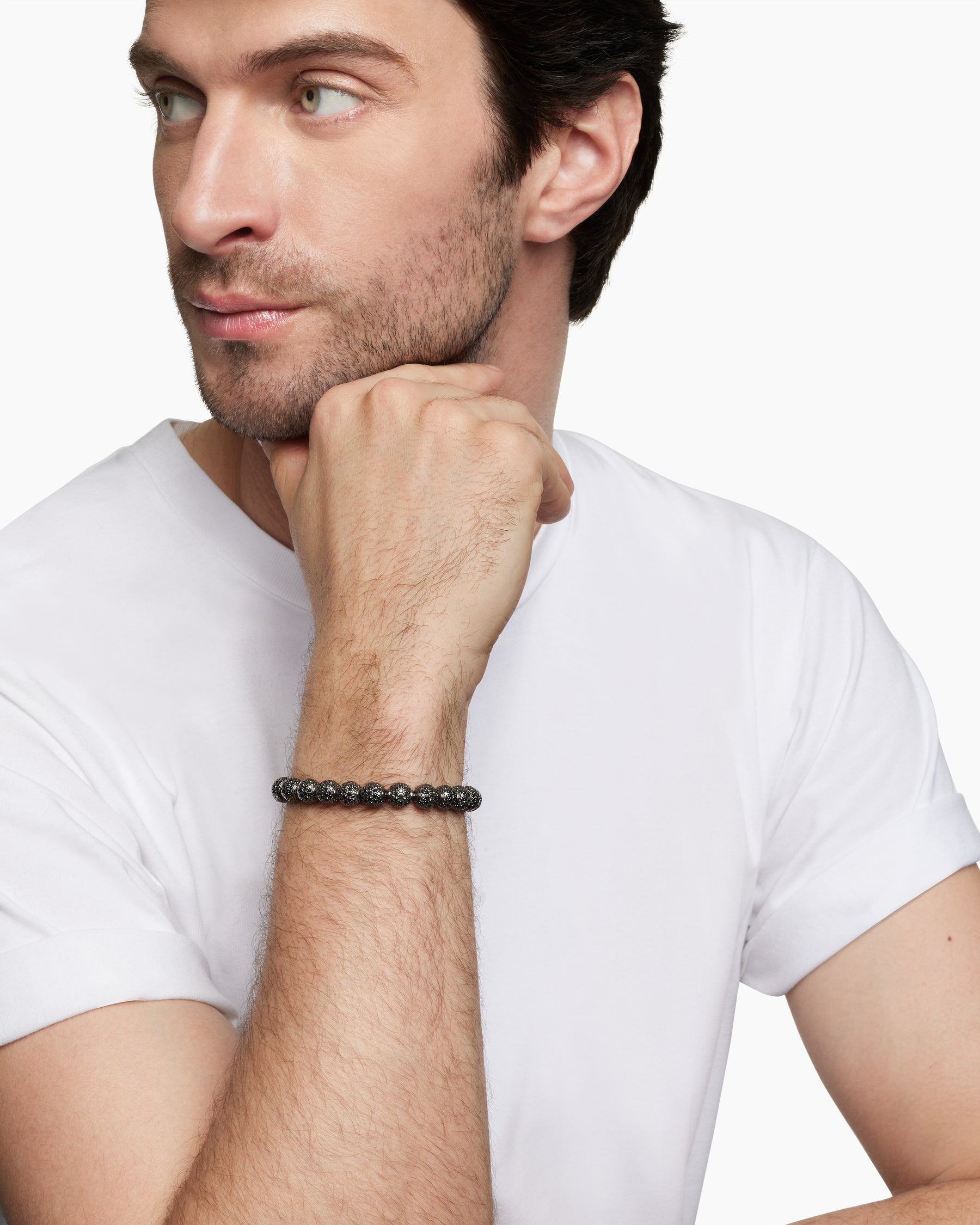 Spiritual Beads Bracelet in Sterling Silver with Pavé Black Diamonds, 8mm - Image 8