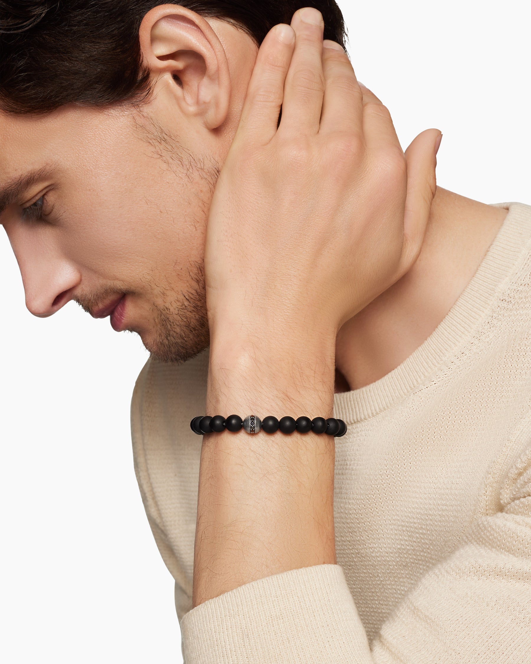 Spiritual Beads Bracelet in Sterling Silver with Black Onyx and Pavé Black Diamond Accent, 8mm - Image 8
