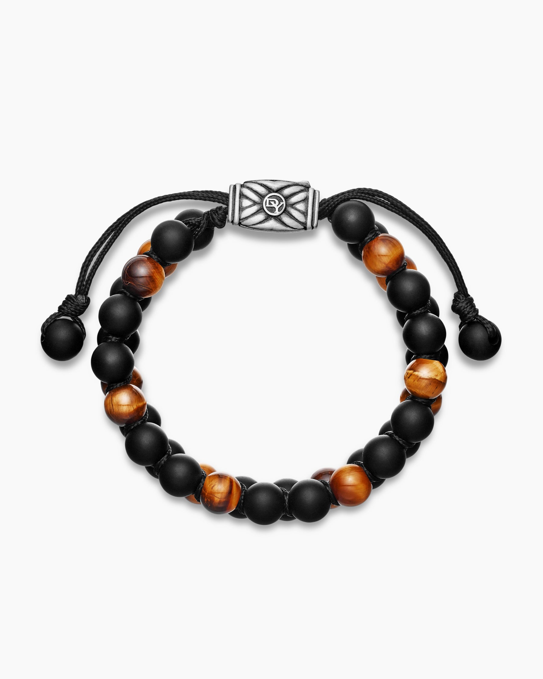 Spiritual Beads Two Row Woven Bracelet in Black Onyx, Tiger's Eye, Black Nylon and Sterling Silver, 8mm - Image 3