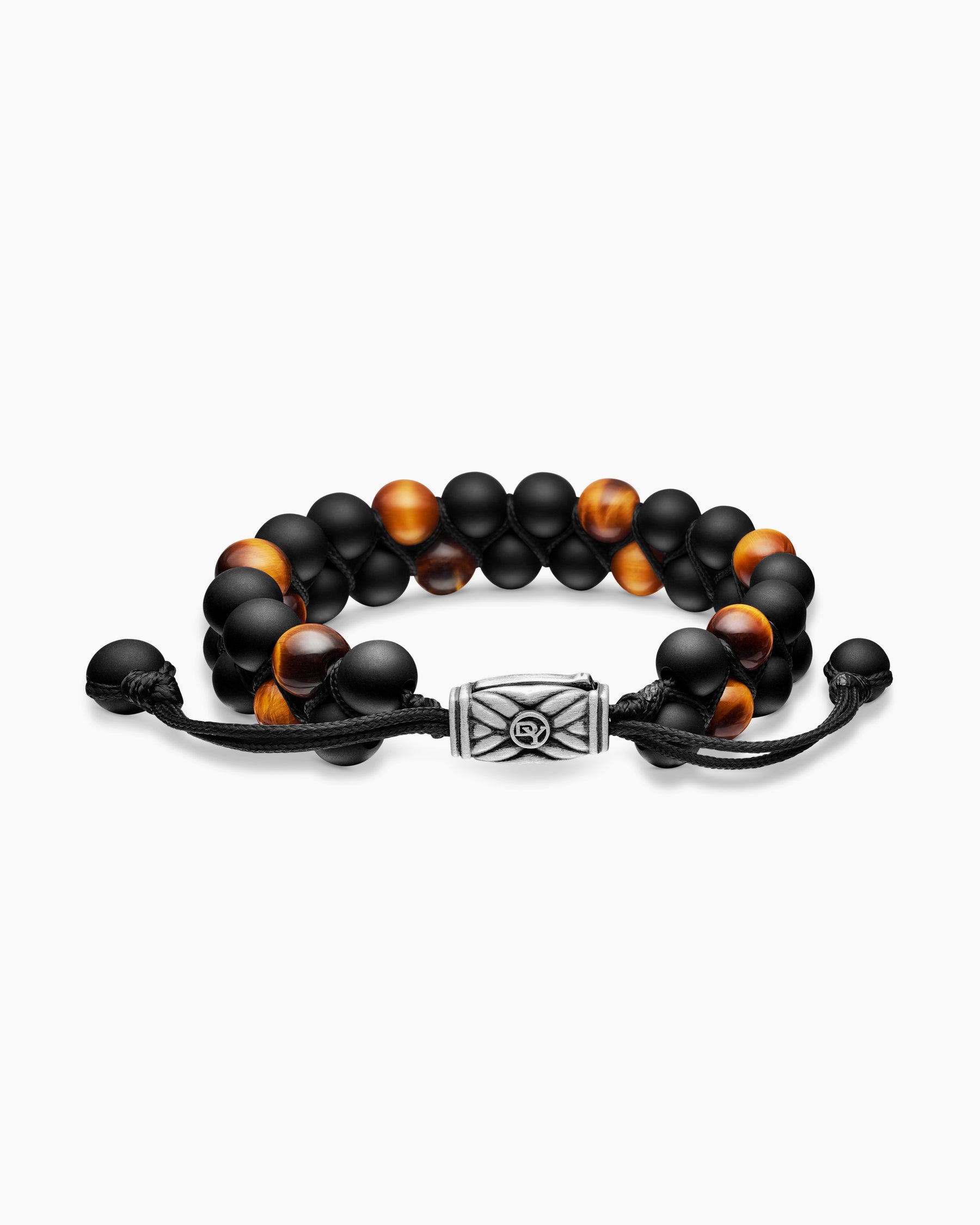 Spiritual Beads Two Row Woven Bracelet in Black Onyx, Tiger's Eye, Black Nylon and Sterling Silver, 8mm - Image 4