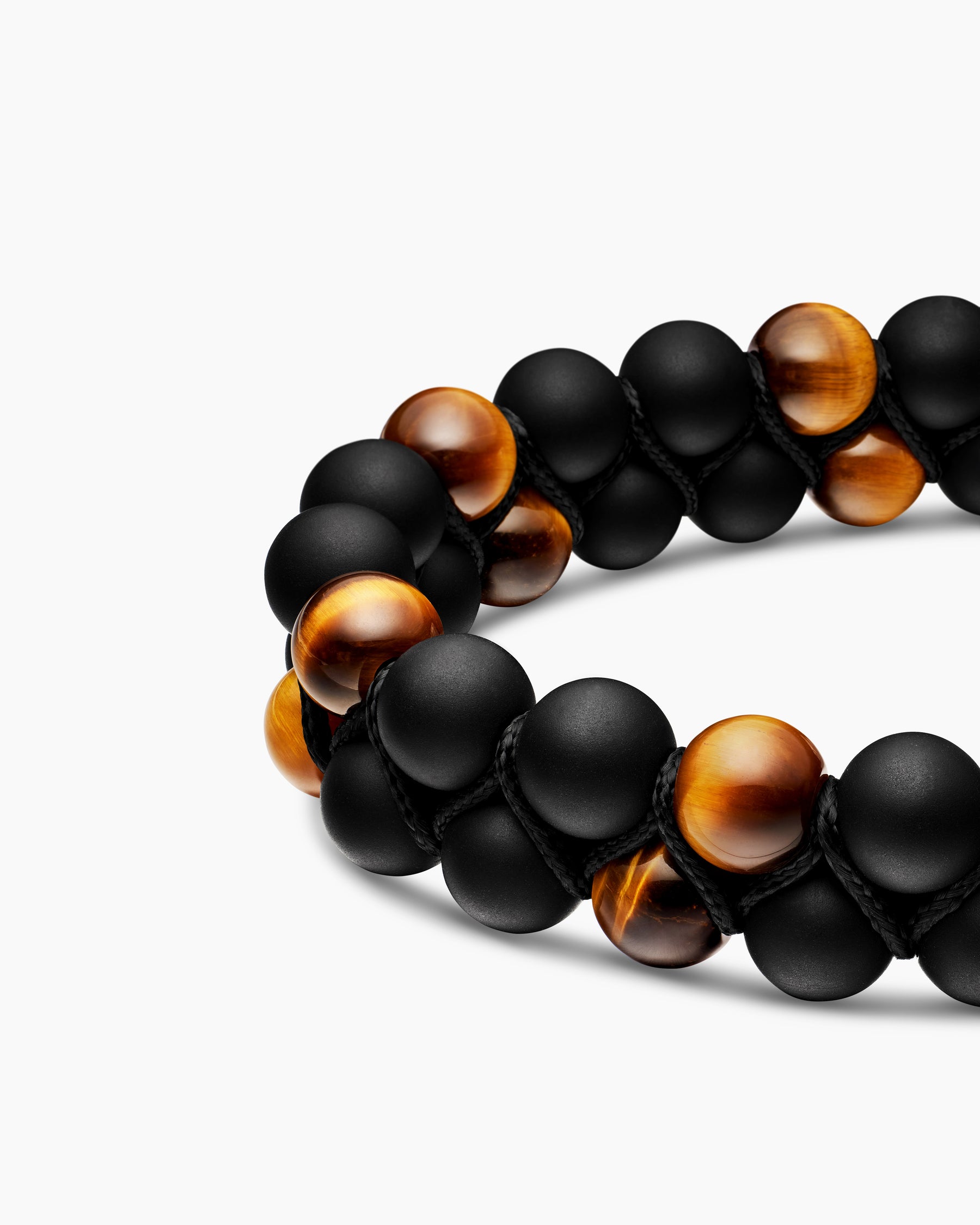 Spiritual Beads Two Row Woven Bracelet in Black Onyx, Tiger's Eye, Black Nylon and Sterling Silver, 8mm - Image 5