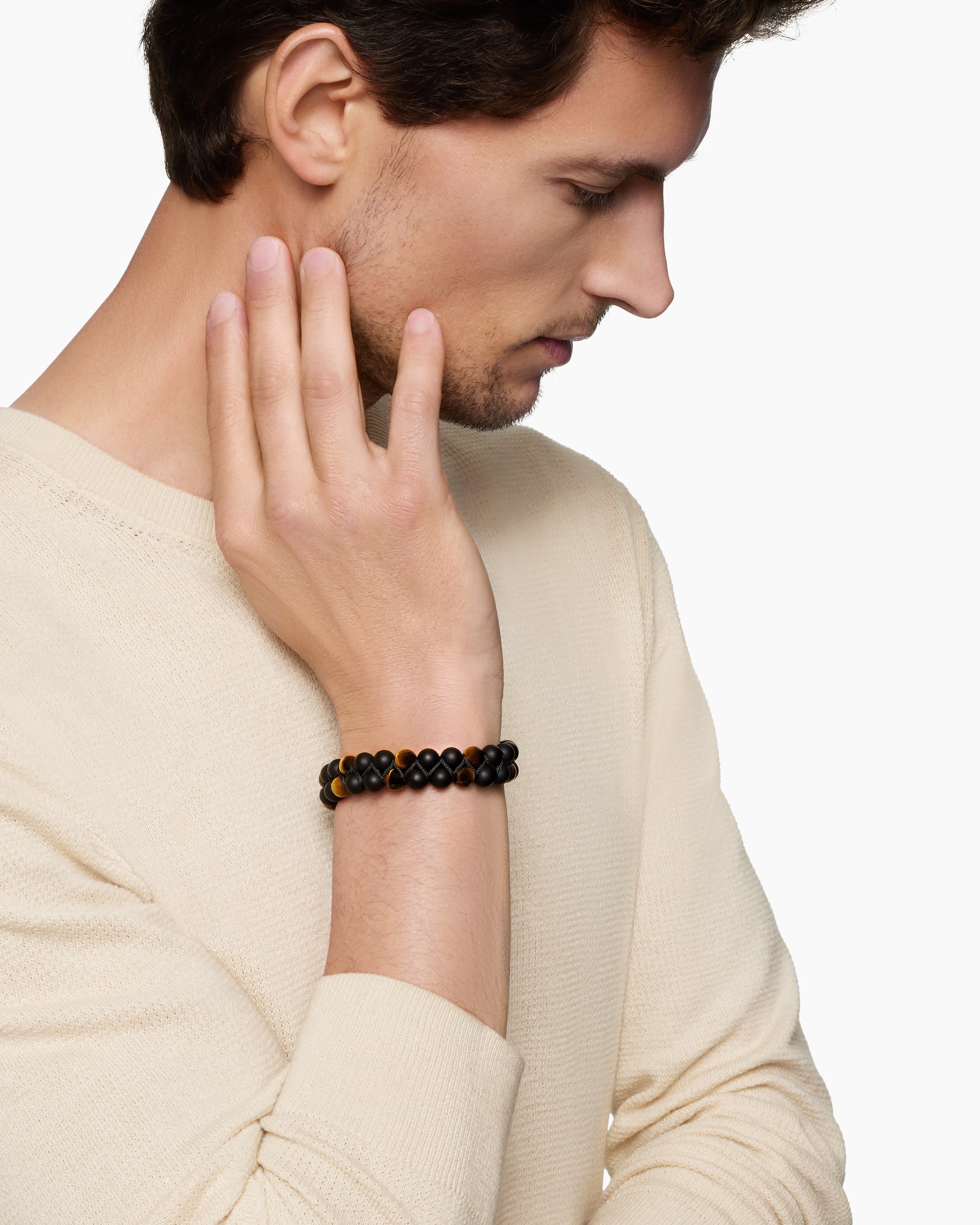 Alternative view of Spiritual Beads Two Row Woven Bracelet in Black Onyx, Tiger's Eye, Black Nylon and Sterling Silver, 8mm
