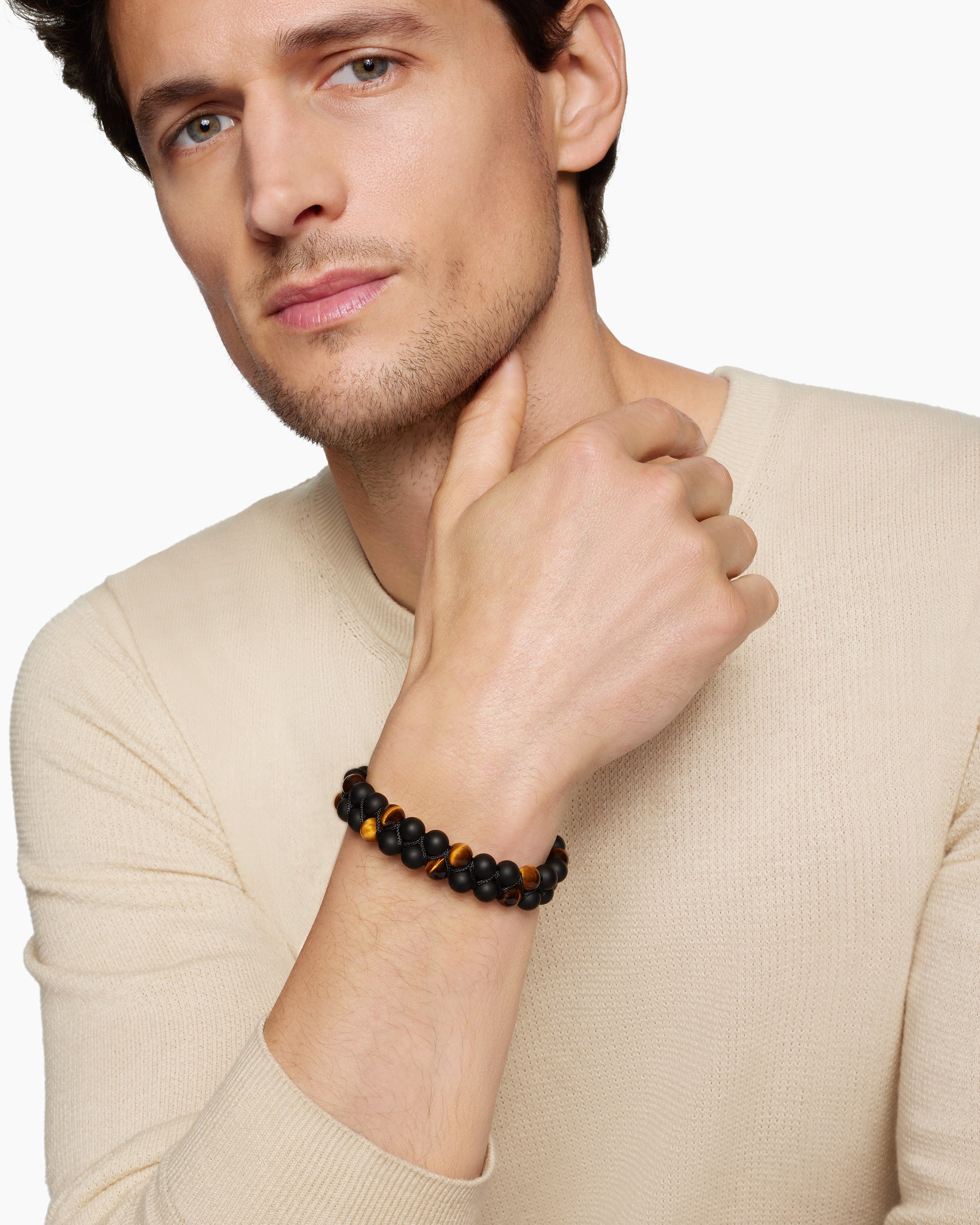Spiritual Beads Two Row Woven Bracelet in Black Onyx, Tiger's Eye, Black Nylon and Sterling Silver, 8mm - Image 6