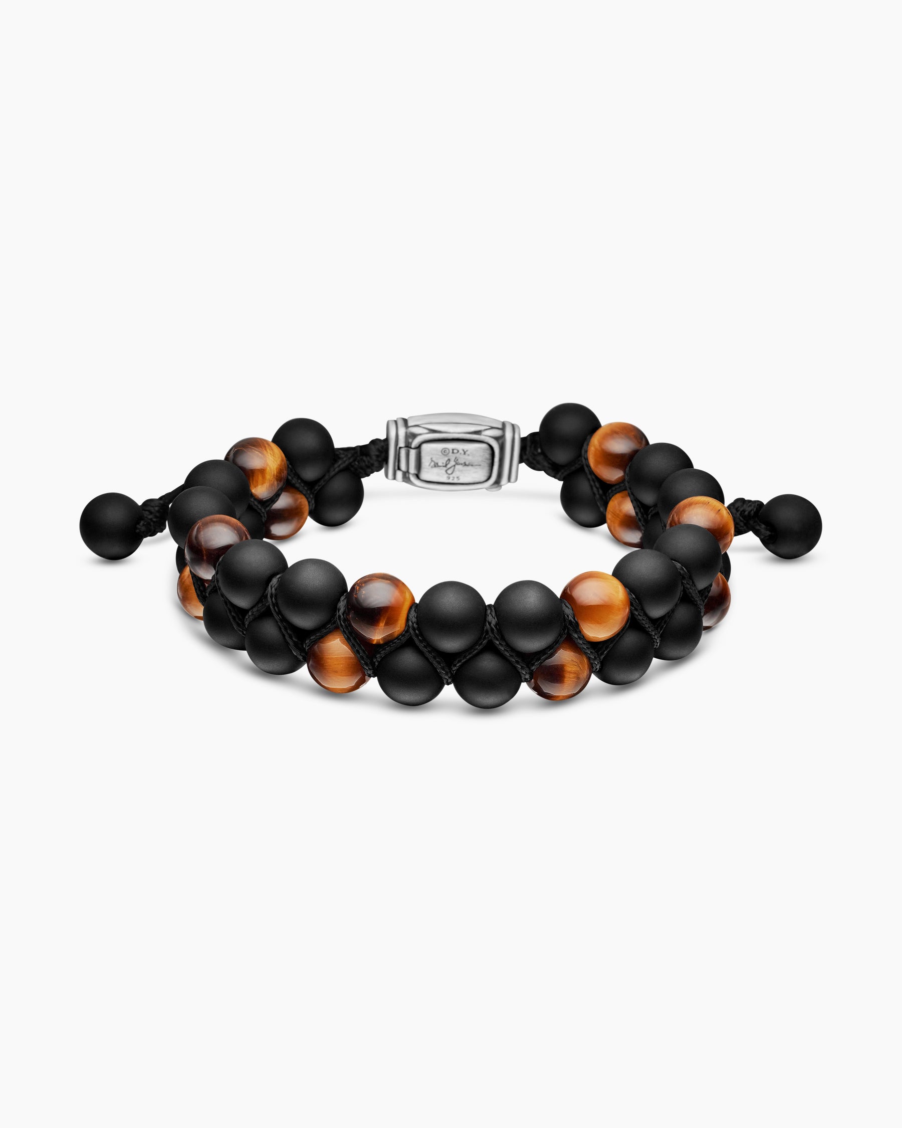 Spiritual Beads Two Row Woven Bracelet in Black Onyx, Tiger's Eye, Black Nylon and Sterling Silver, 8mm