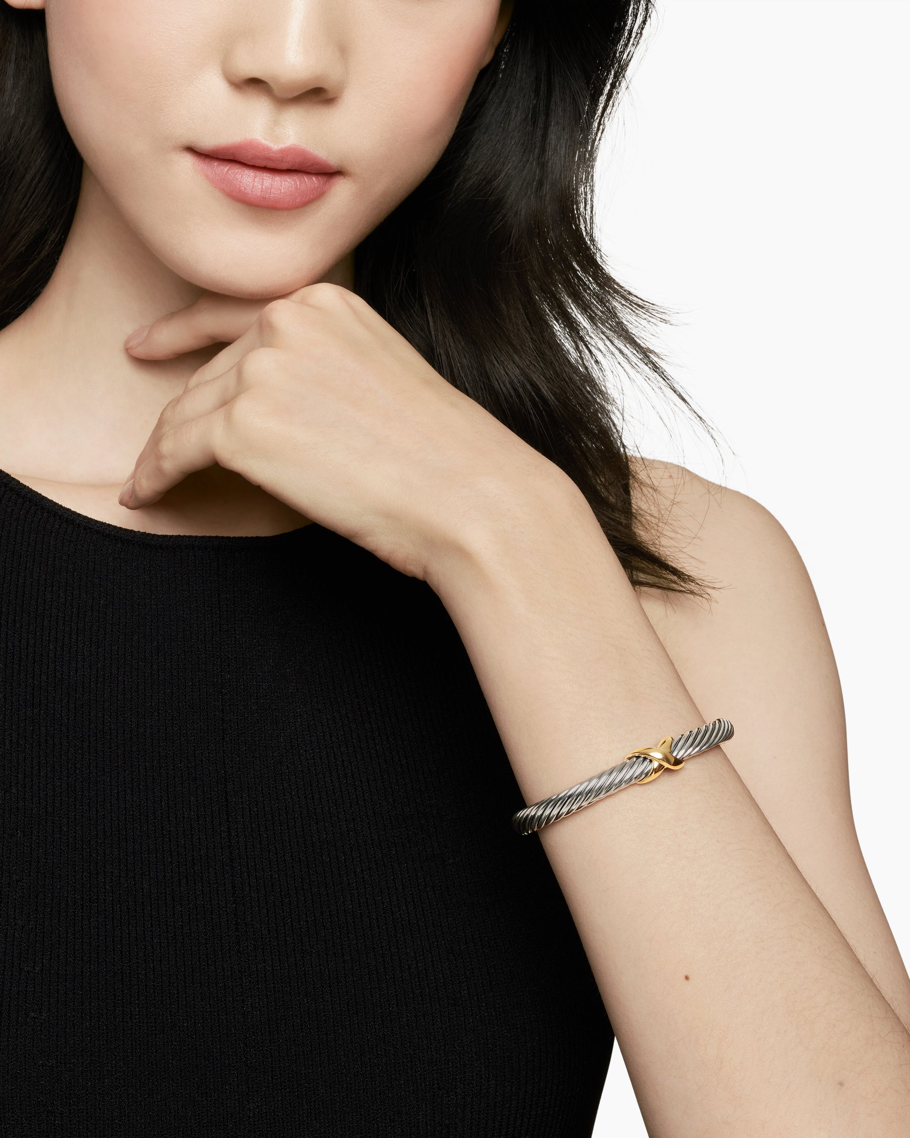 X Classic Cable Station Bracelet in Sterling Silver with 14K Yellow Gold, 7mm - Image 6