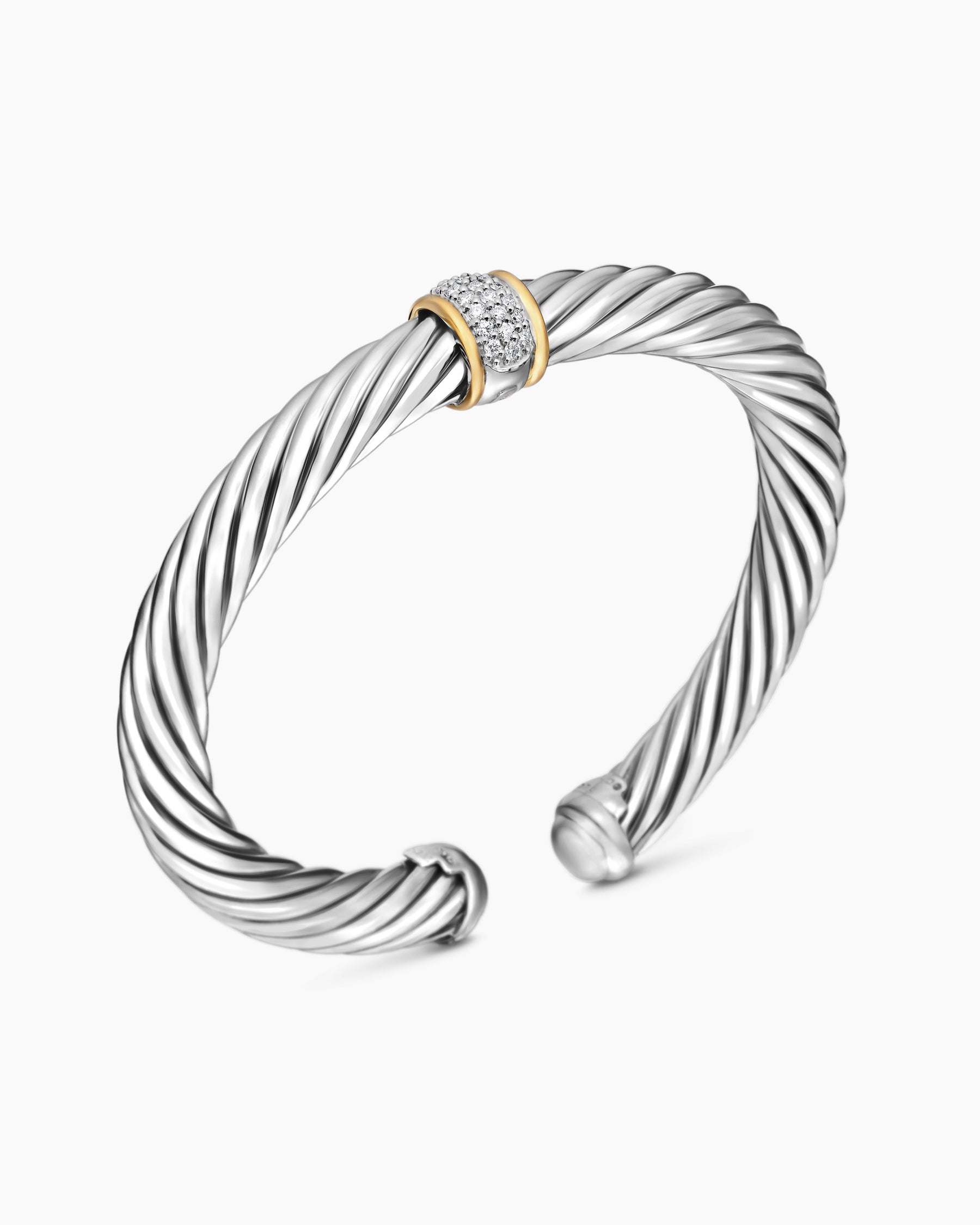 Classic Cable Station Bracelet in Sterling Silver with 18K Yellow Gold and Pavé Diamonds, 7mm - Image 3