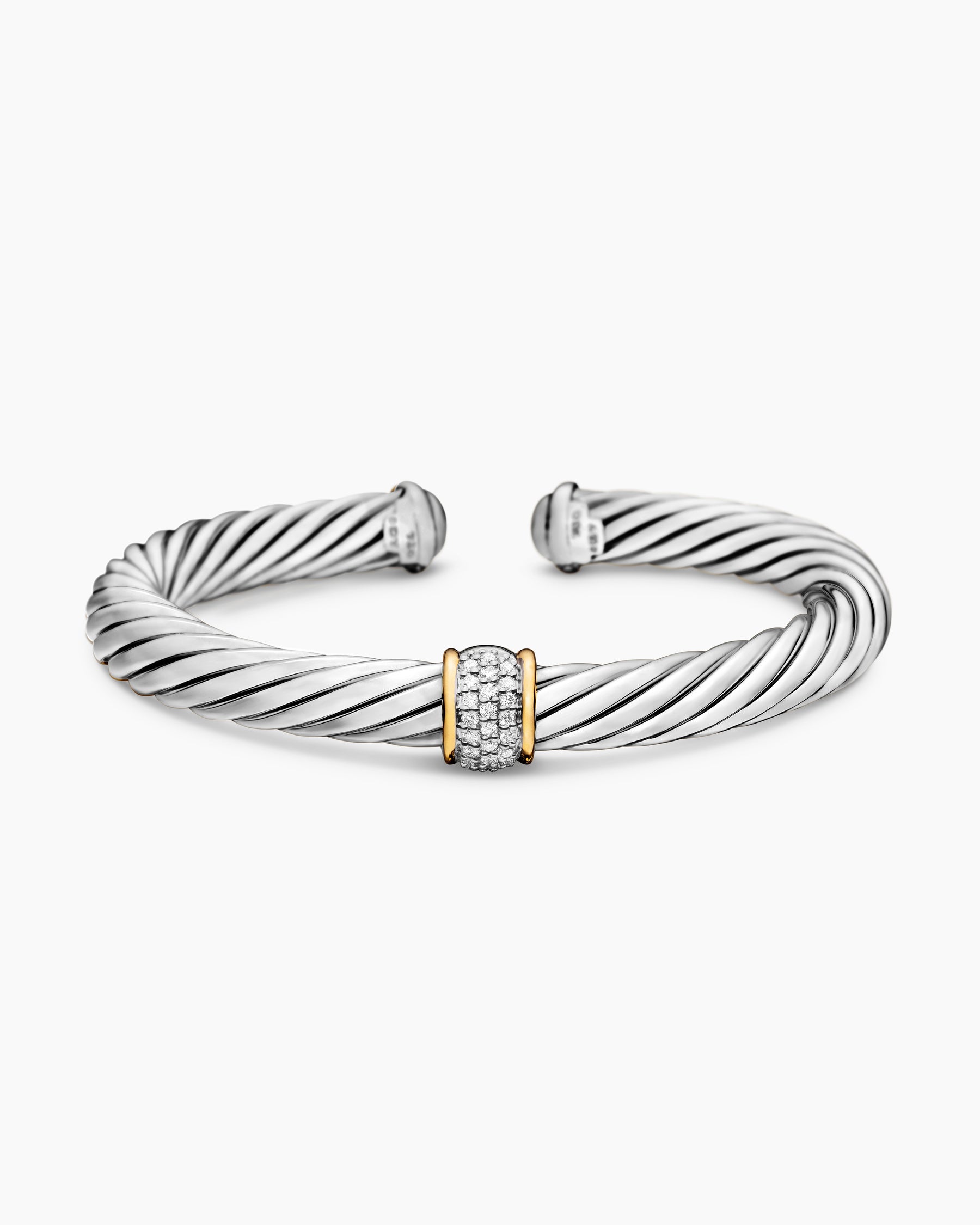 Classic Cable Station Bracelet in Sterling Silver with 18K Yellow Gold and Pavé Diamonds, 7mm - Image 4