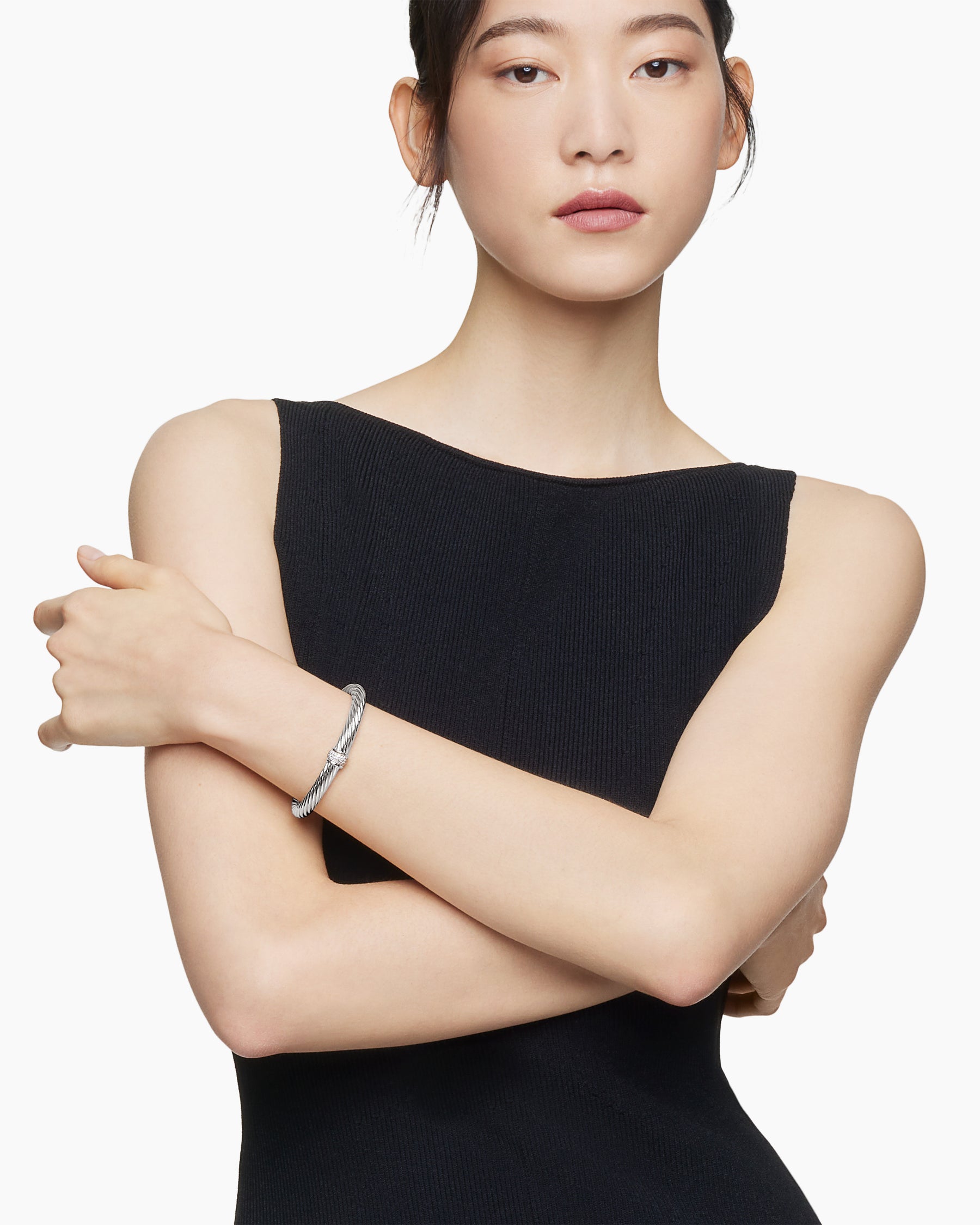 Alternative view of Classic Cable Station Bracelet in Sterling Silver with Pavé Diamonds, 7mm