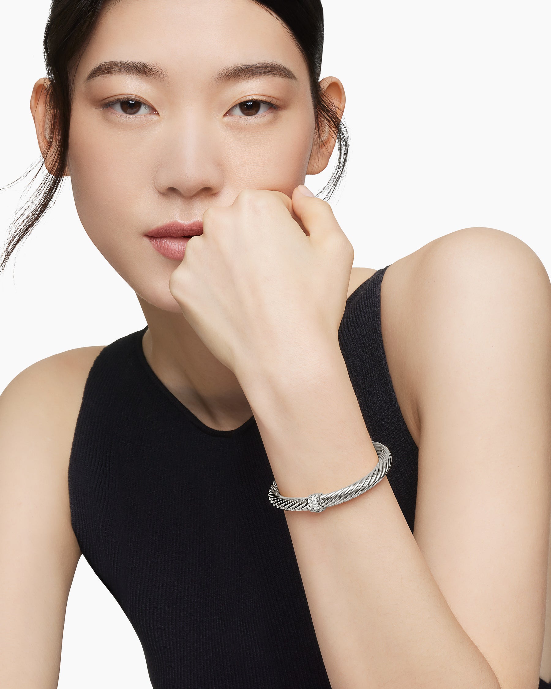 Classic Cable Station Bracelet in Sterling Silver with Pavé Diamonds, 7mm - Image 7