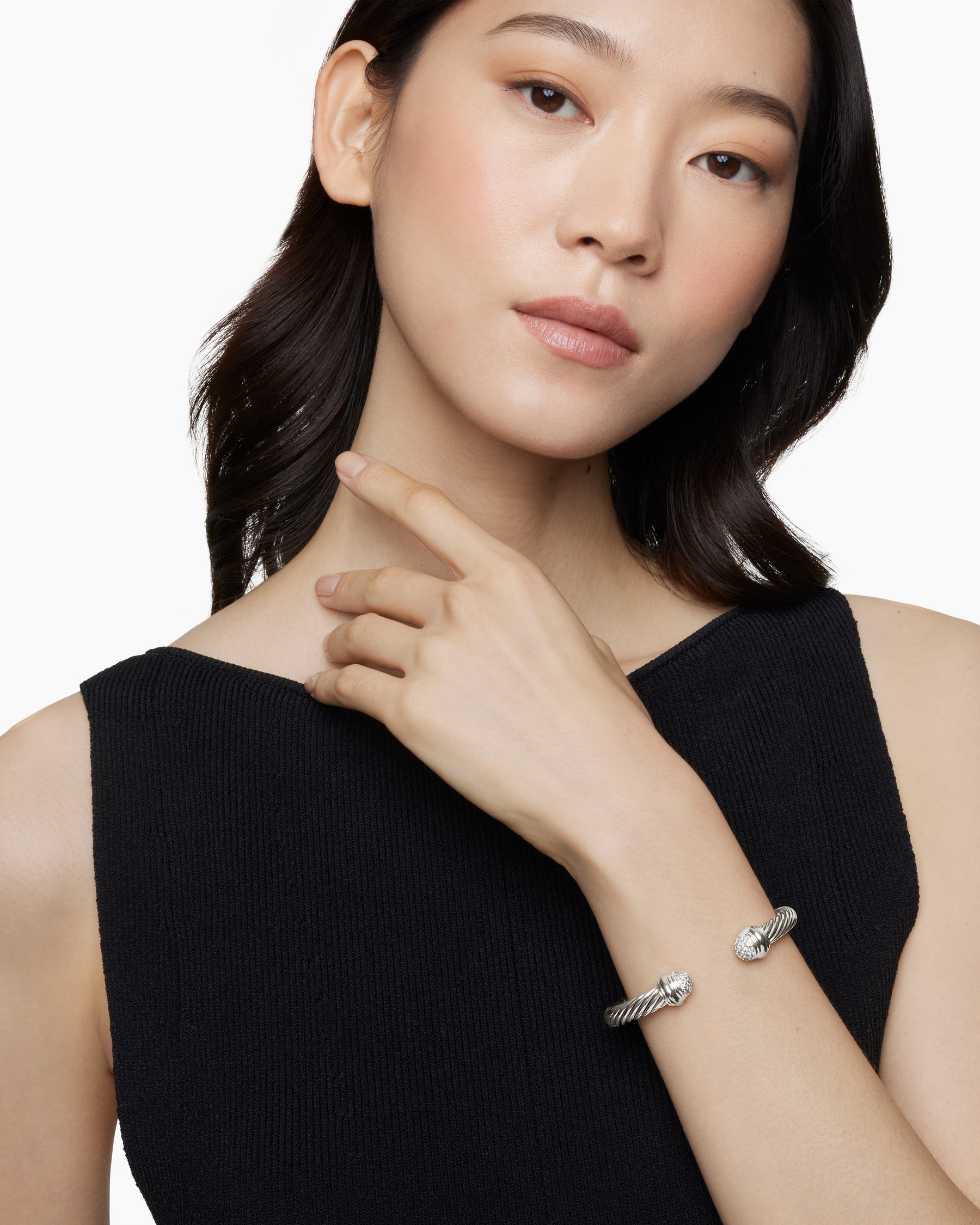 Alternative view of Classic Cable Bracelet in Sterling Silver with Pavé Diamond Domes, 7mm