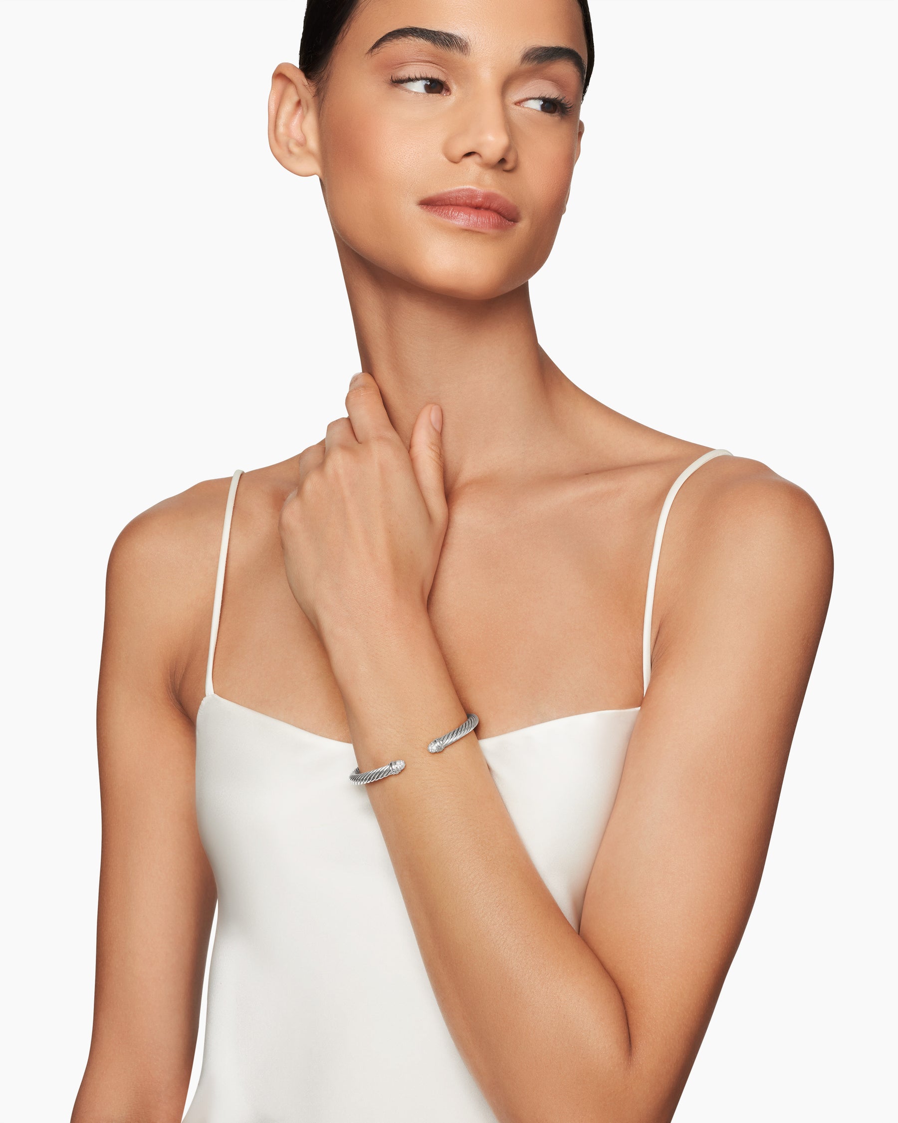 Alternative view of Classic Cable Bracelet in Sterling Silver with Pavé Diamond Domes, 5mm