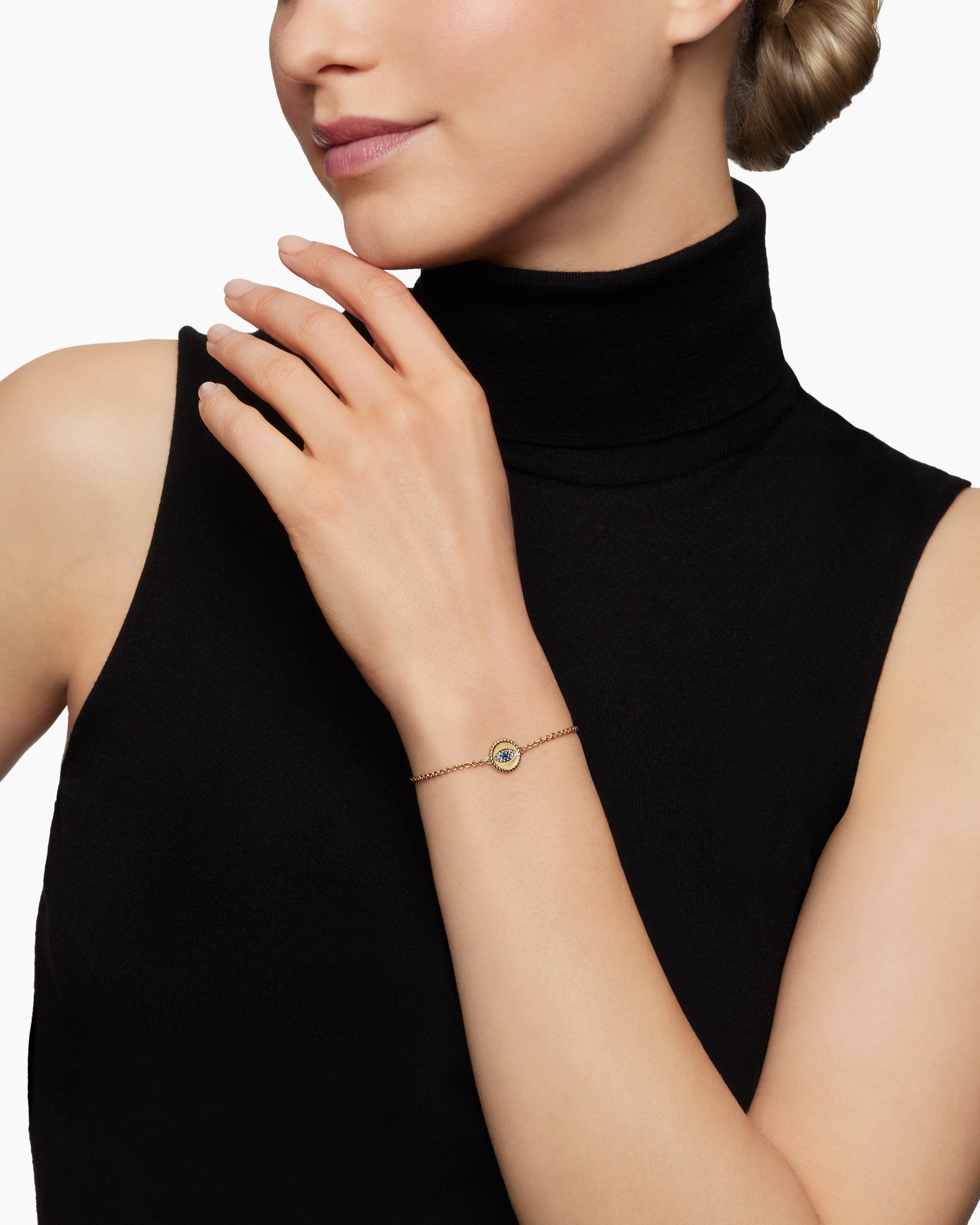 Alternative view of Cable Collectibles Evil Eye Bracelet in 18K Yellow Gold with Pavé Blue Sapphires and Diamonds, 2mm
