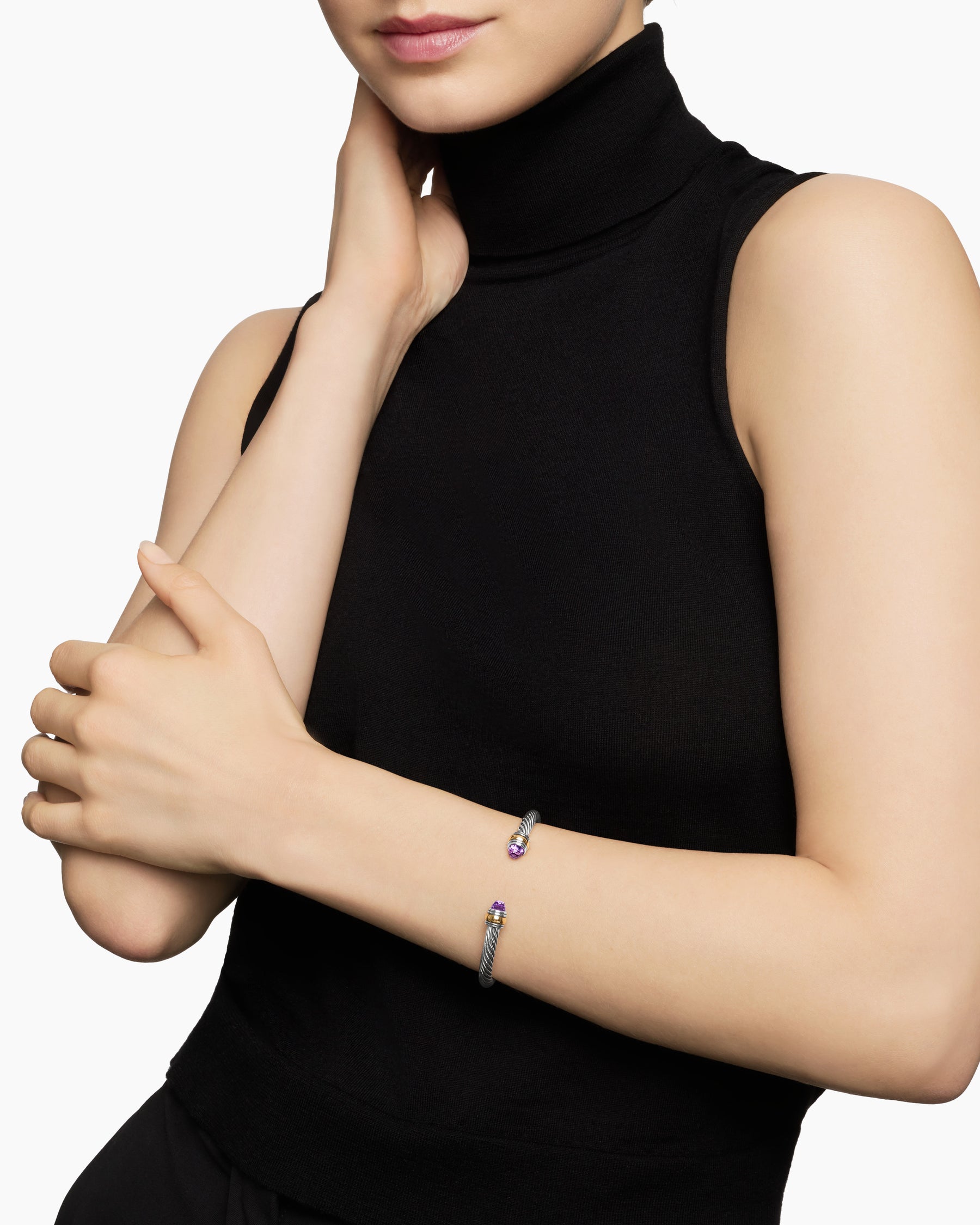 Alternative view of Classic Cable Bracelet in Sterling Silver with 14K Yellow Gold and Amethyst, 5mm