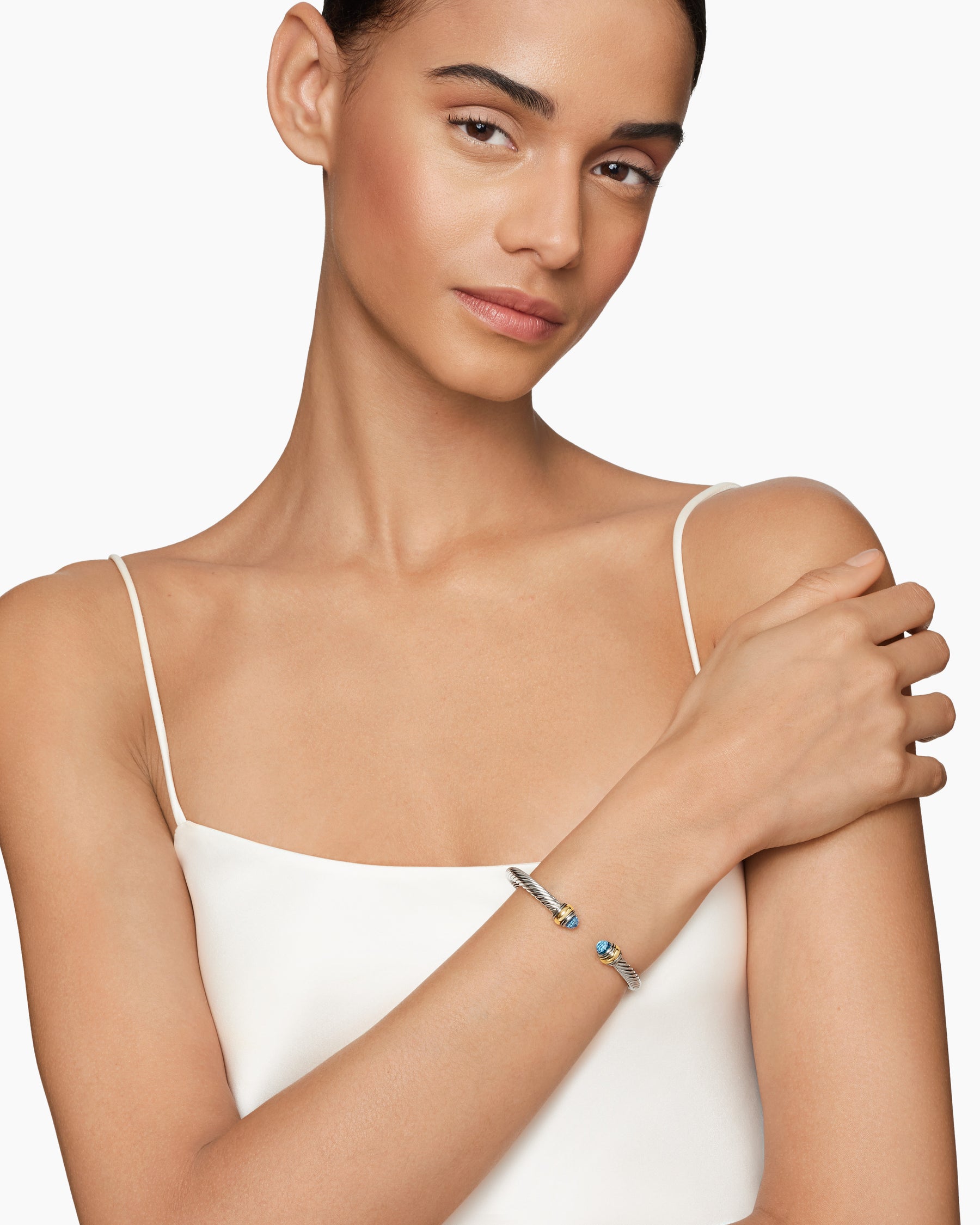 Alternative view of Classic Cable Bracelet in Sterling Silver with 14K Yellow Gold and Blue Topaz, 5mm