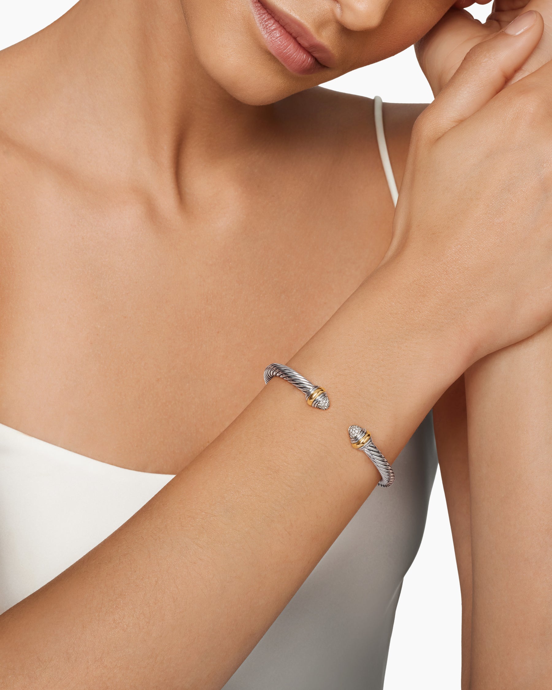 Classic Cable Bracelet in Sterling Silver with 14K Yellow Gold and Pavé Diamond Domes, 5mm - Image 7