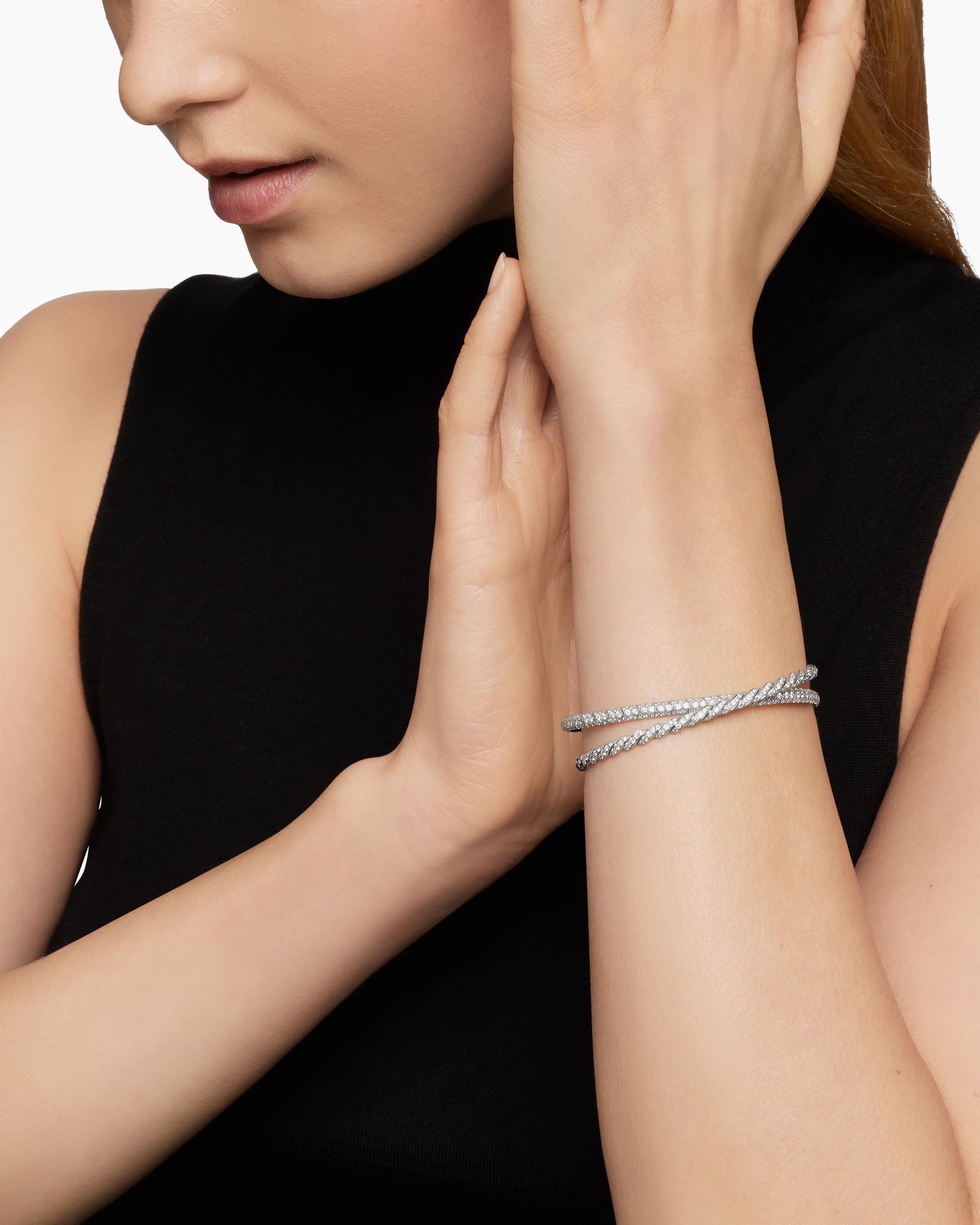 Alternative view of Sculpted Cable Flex Two Row Bracelet in 18K White Gold with Diamonds, 16mm