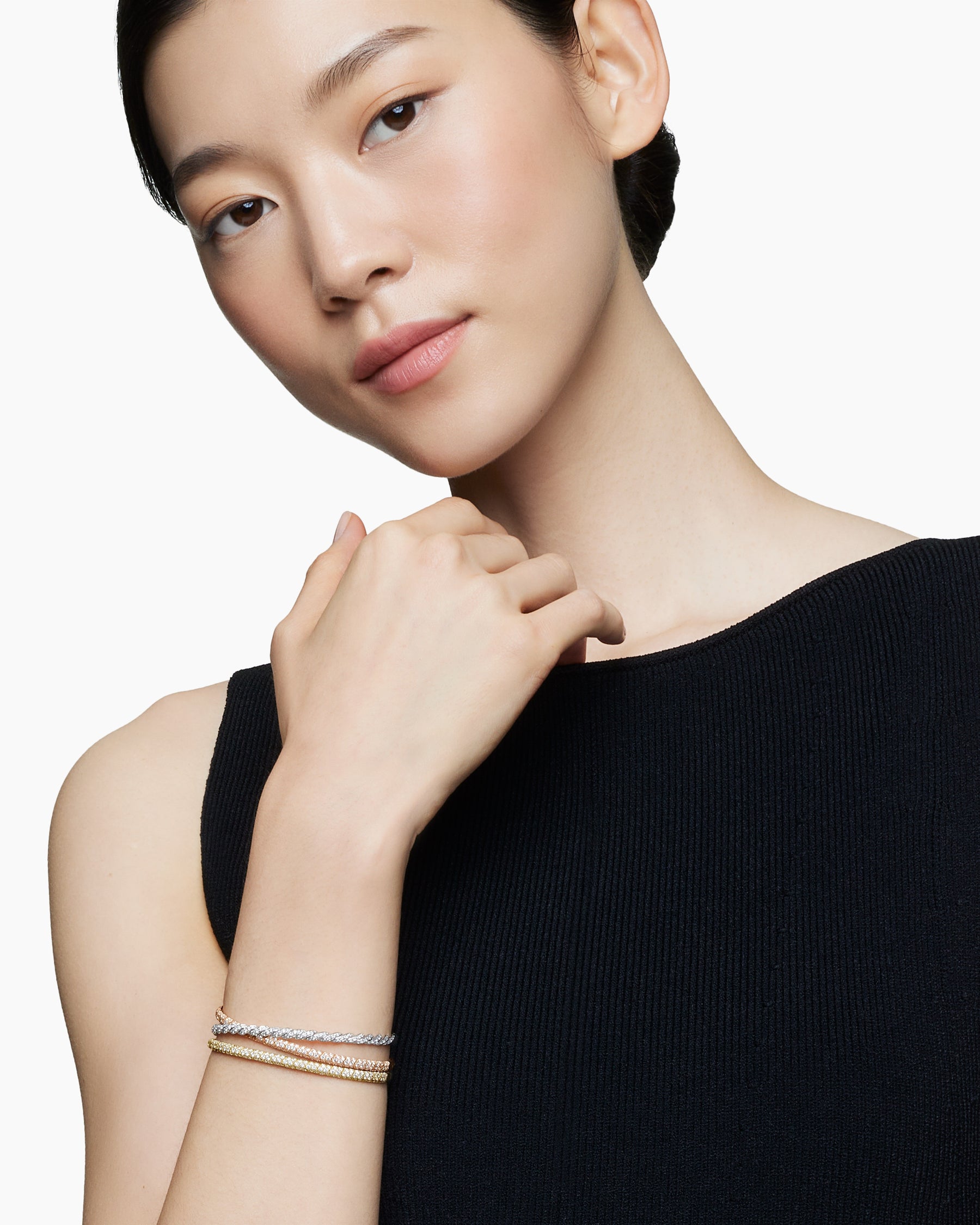 Alternative view of Sculpted Cable Flex Three Row Bracelet in 18K Gold with Diamonds, 21mm