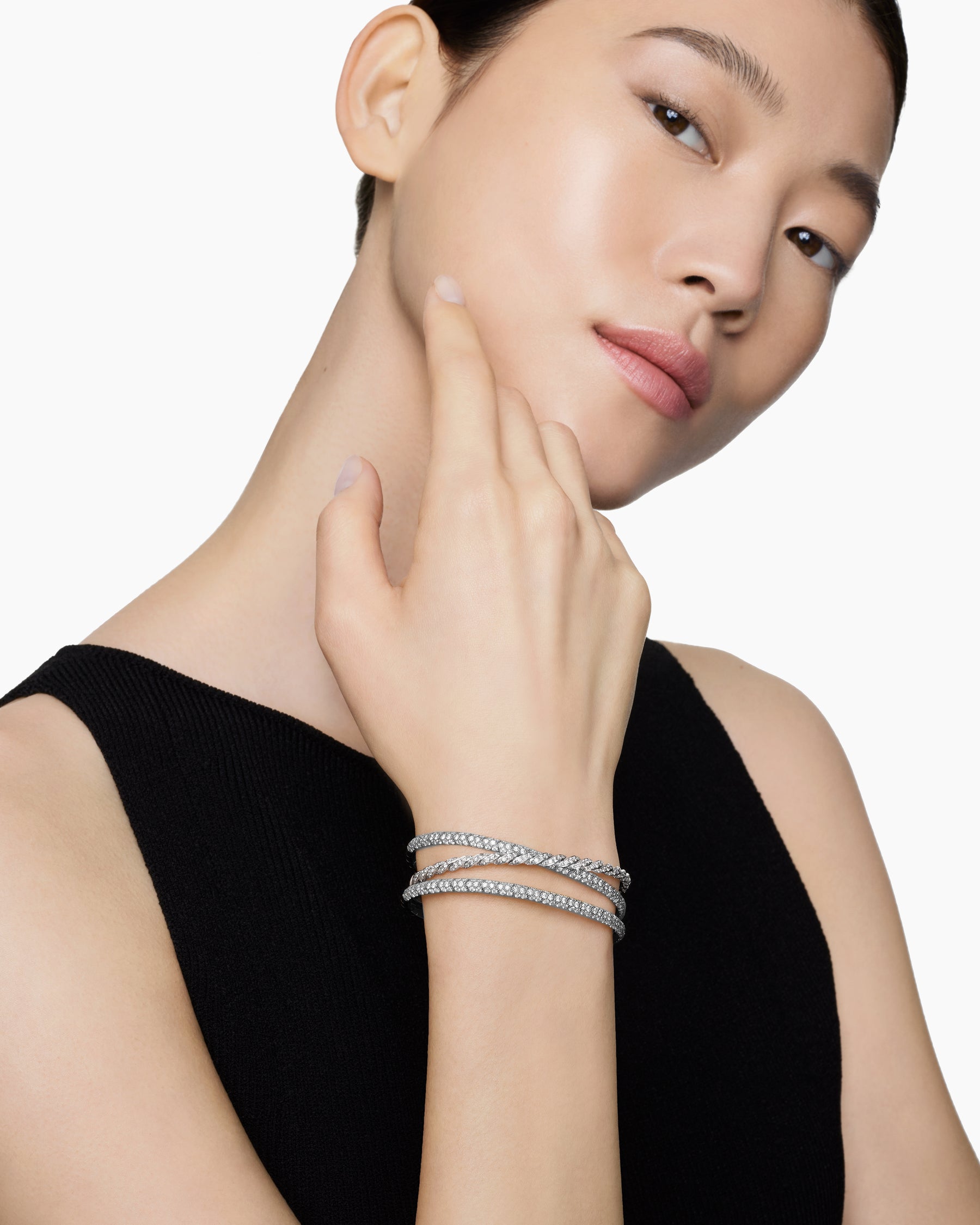 Alternative view of Sculpted Cable Flex Three Row Bracelet in 18K White Gold with Diamonds, 21mm