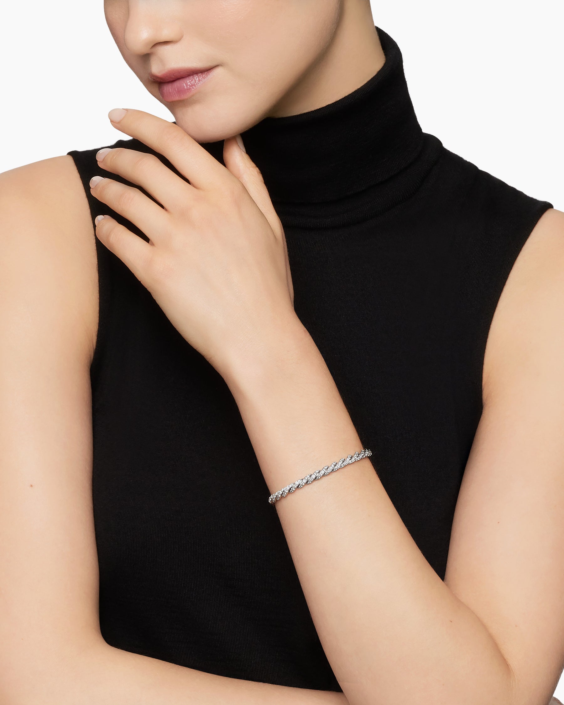 Alternative view of Sculpted Cable Flex Bracelet in 18K White Gold with Diamonds, 5mm