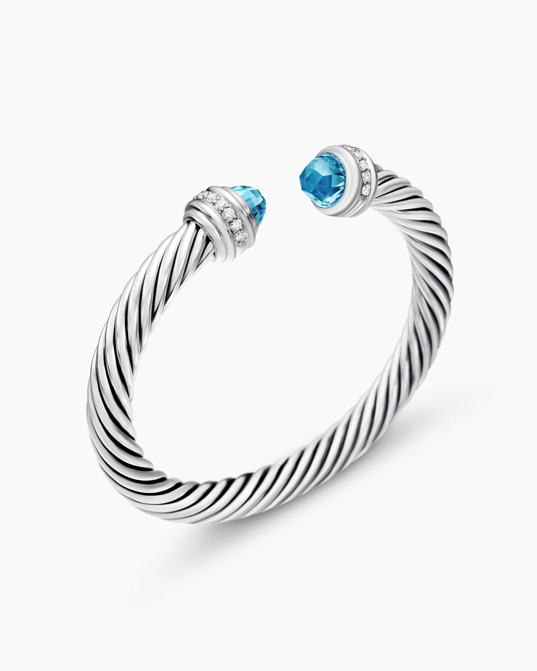 Classic Cable Bracelet in Sterling Silver with Blue Topaz and Diamonds, 7mm - Image 3