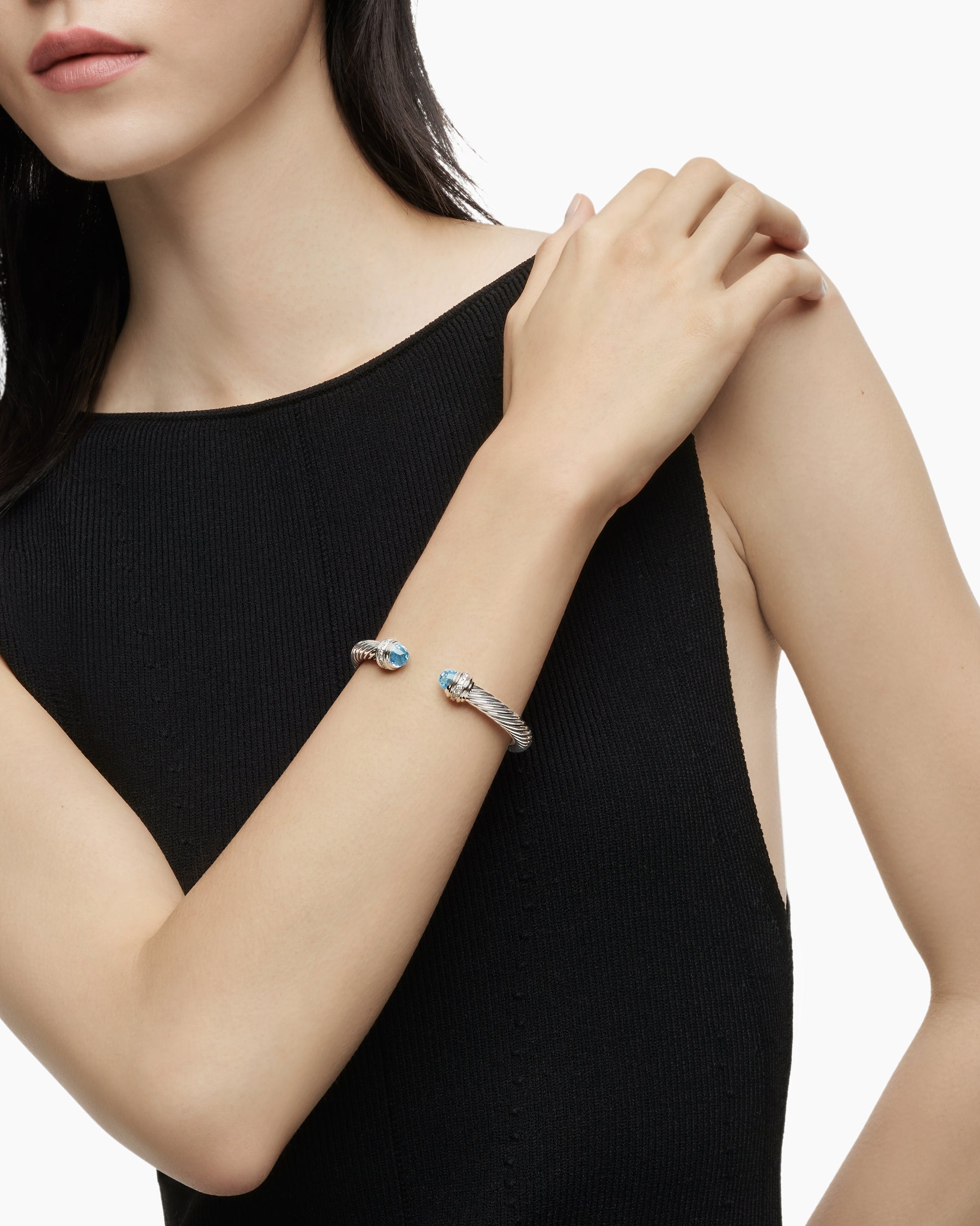 Alternative view of Classic Cable Bracelet in Sterling Silver with Blue Topaz and Diamonds, 7mm