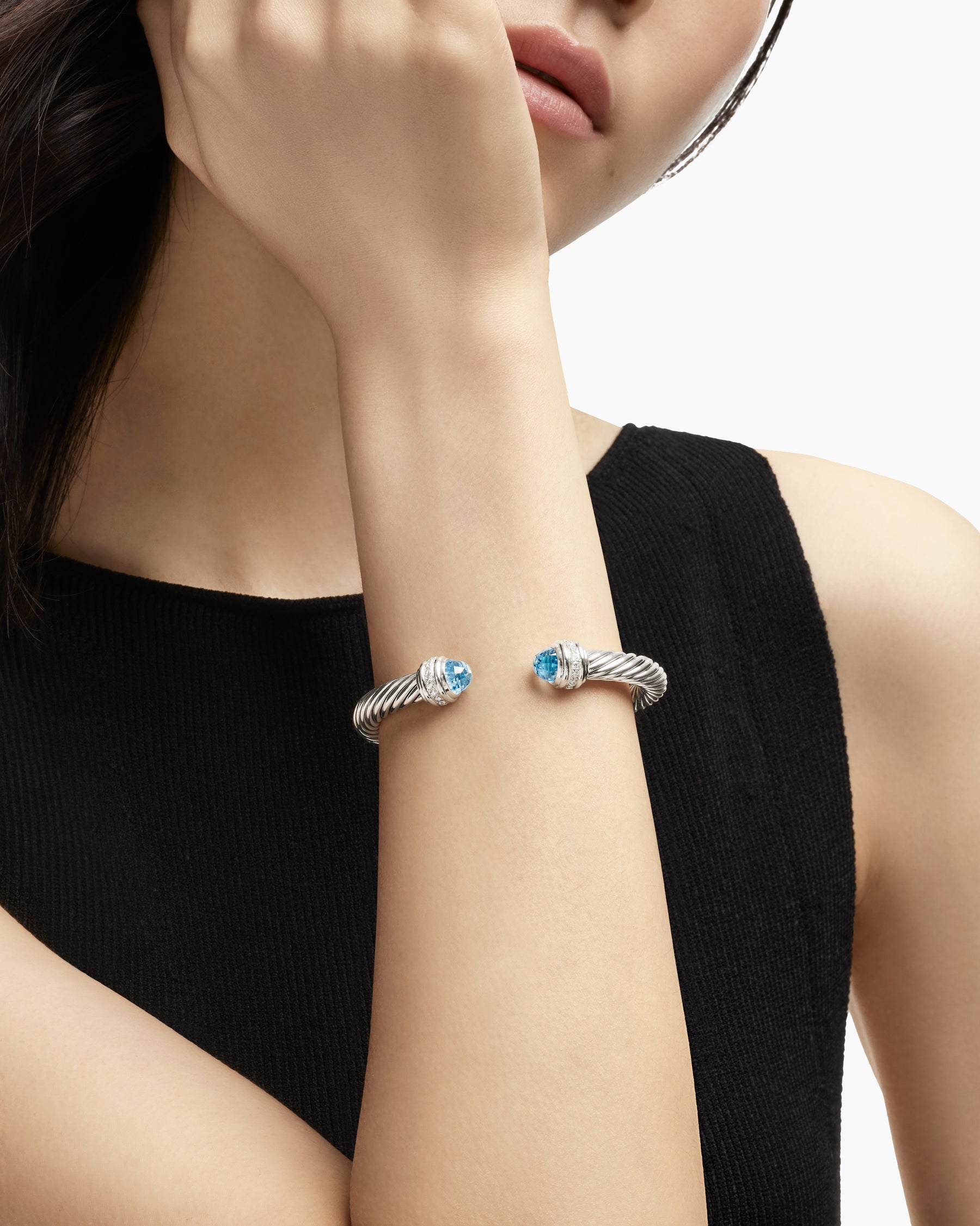 Classic Cable Bracelet in Sterling Silver with Blue Topaz and Diamonds, 7mm - Image 7