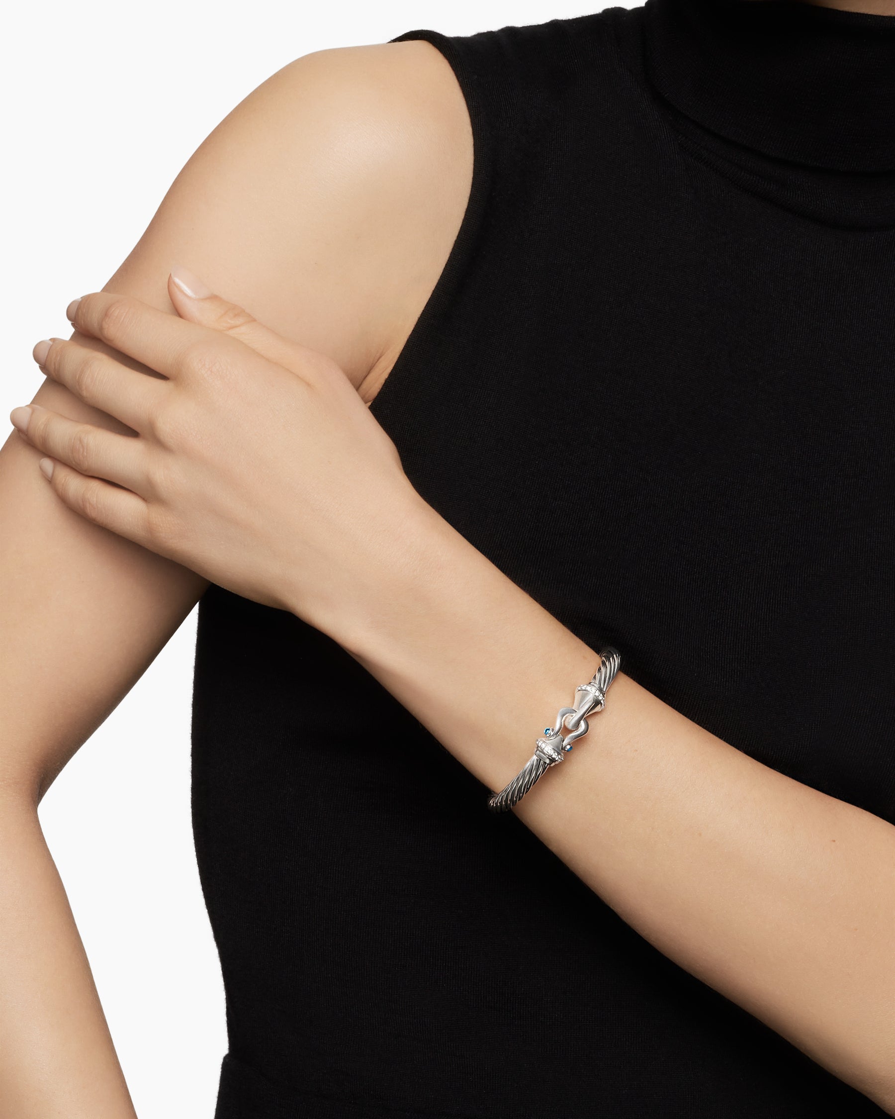 Alternative view of Buckle Classic Cable Bracelet in Sterling Silver with Hampton Blue Topaz and Diamonds, 7mm